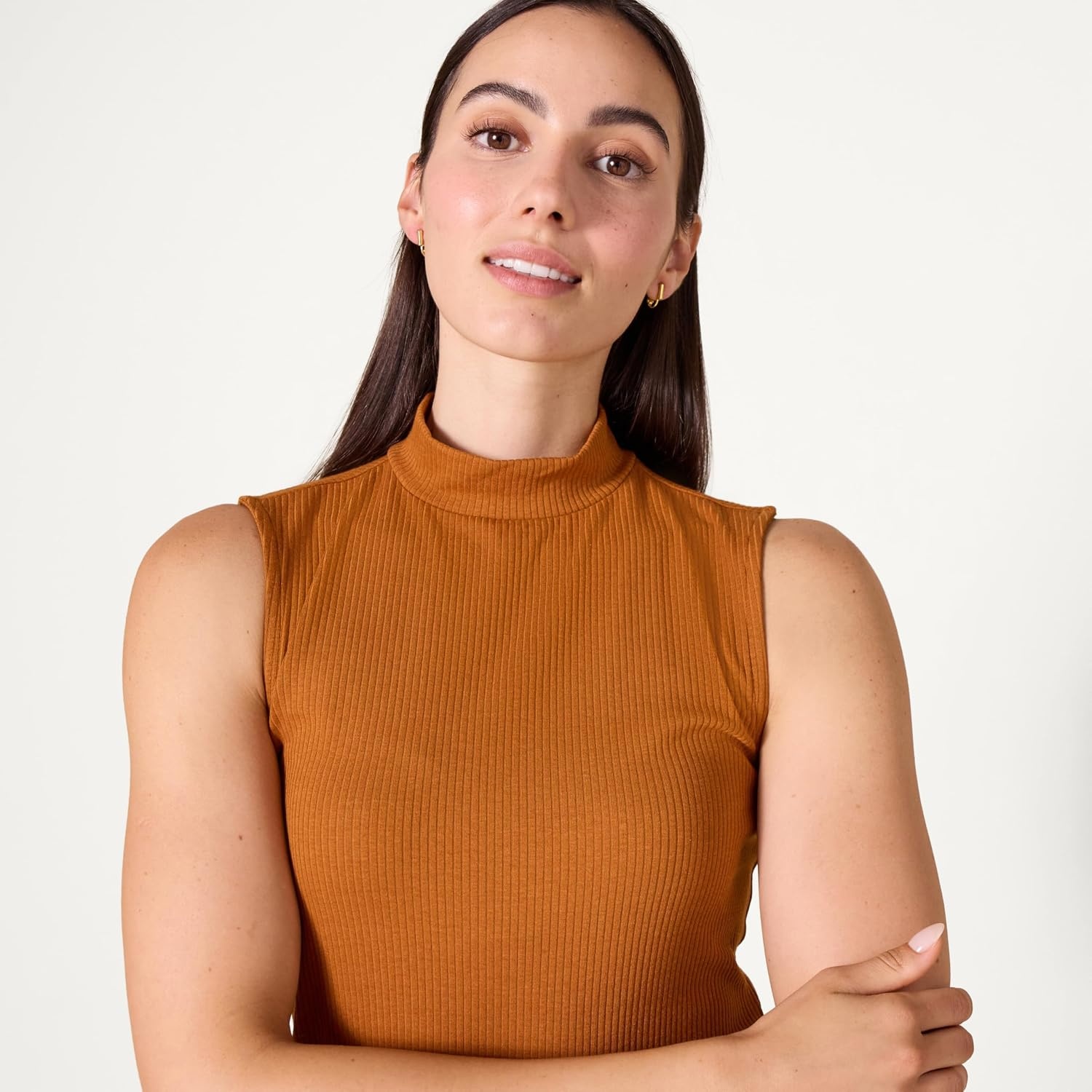 image:imageAmazon Essentials Womens MockNeck SlimFit Ribbed Knit Cotton Sleeveless Top Pack of 2BlackCaramel