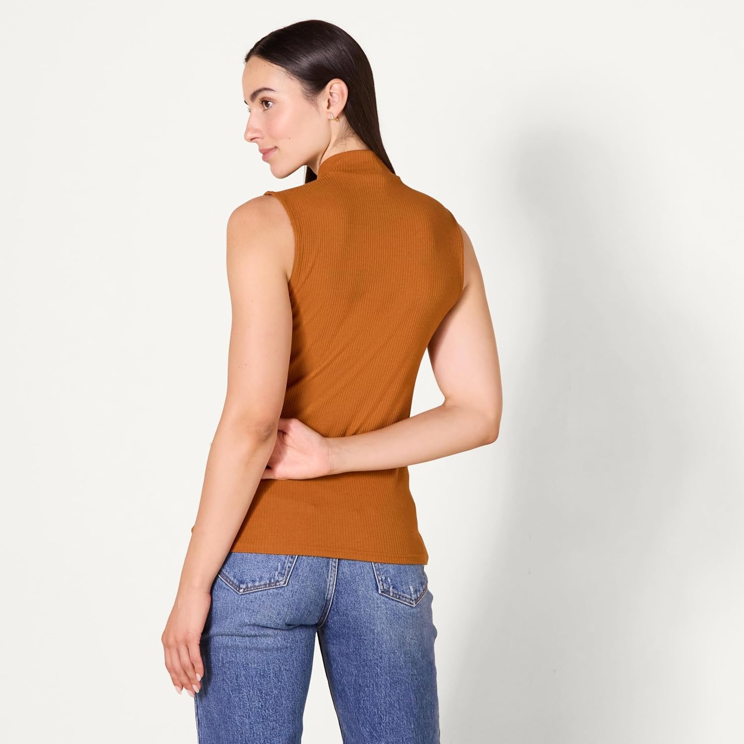 image:imageAmazon Essentials Womens MockNeck SlimFit Ribbed Knit Cotton Sleeveless Top Pack of 2BlackCaramel