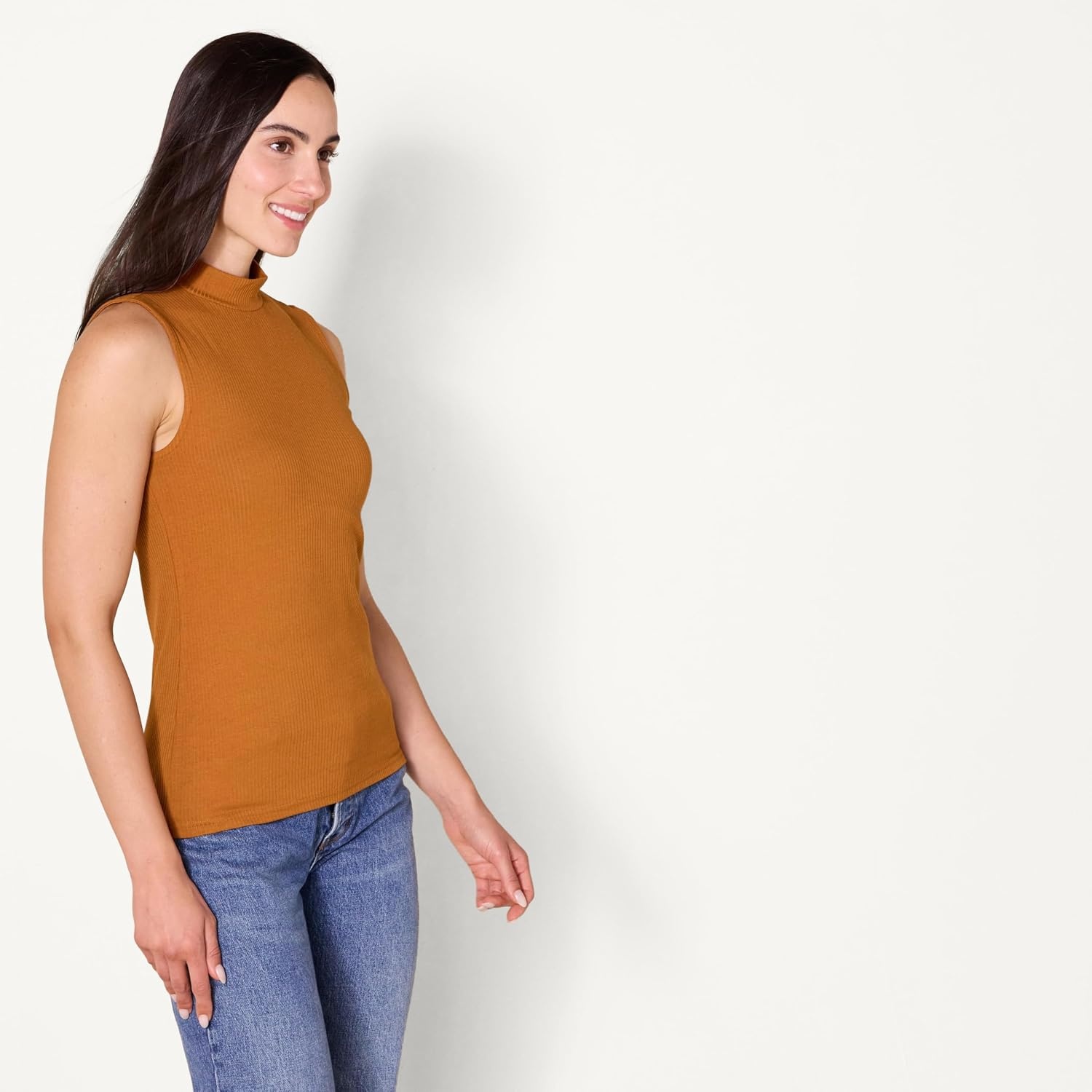 image:imageAmazon Essentials Womens MockNeck SlimFit Ribbed Knit Cotton Sleeveless Top Pack of 2BlackCaramel