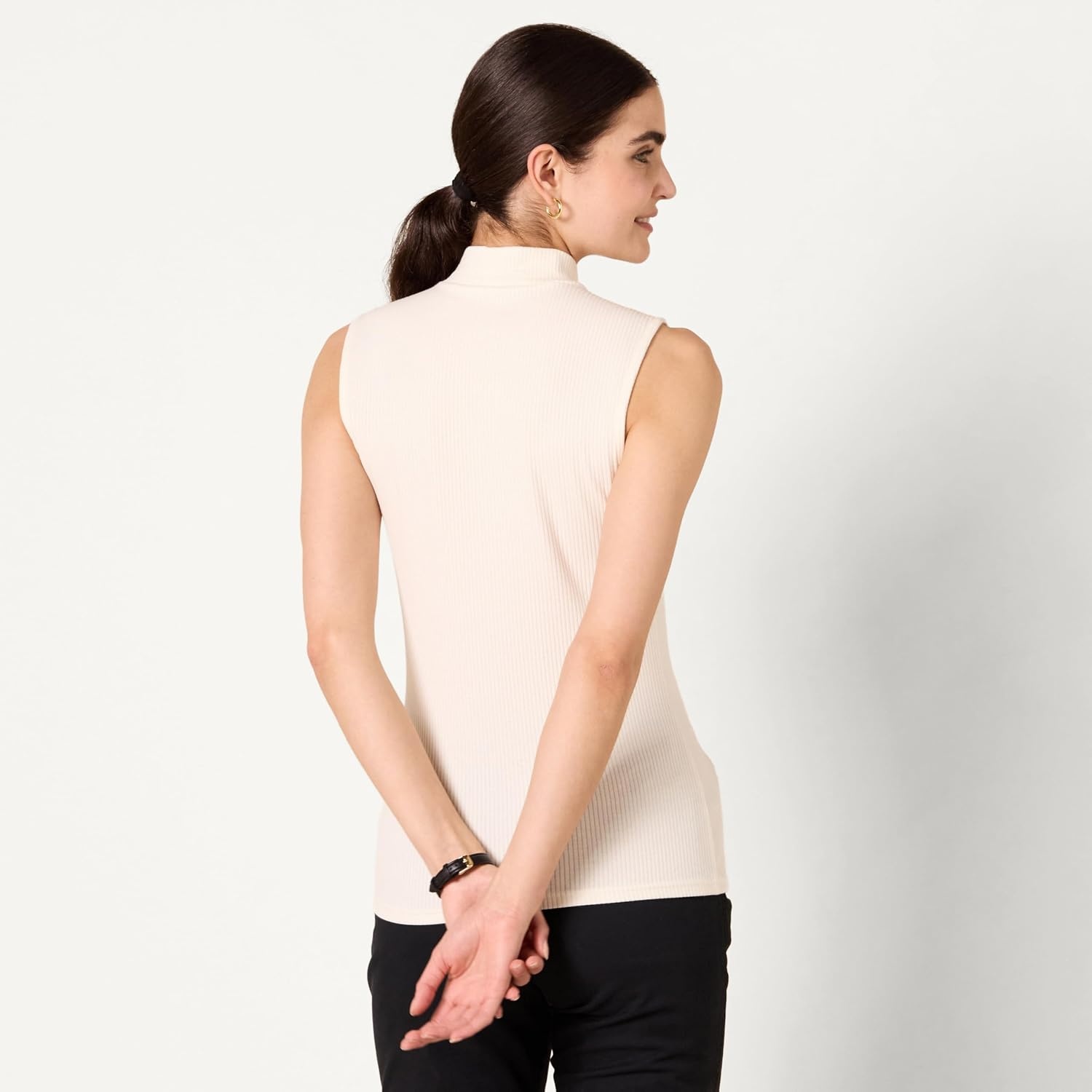 image:imageAmazon Essentials Womens MockNeck SlimFit Ribbed Knit Cotton Sleeveless Top Pack of 2BlackEggshell White