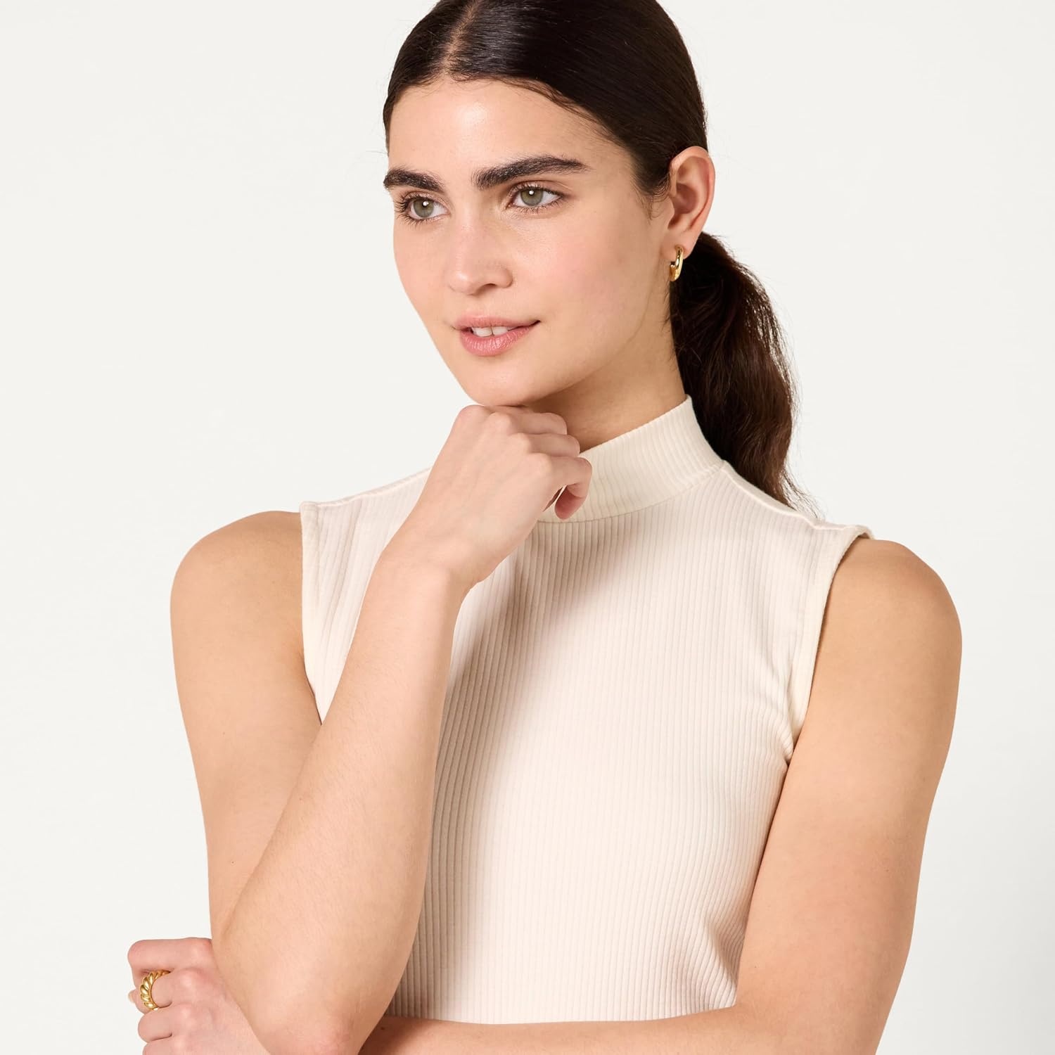 image:imageAmazon Essentials Womens MockNeck SlimFit Ribbed Knit Cotton Sleeveless Top Pack of 2BlackEggshell White