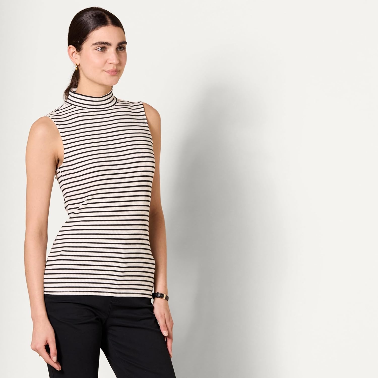 image:imageAmazon Essentials Womens MockNeck SlimFit Ribbed Knit Cotton Sleeveless Top Pack of 2BlackFrench Stripe
