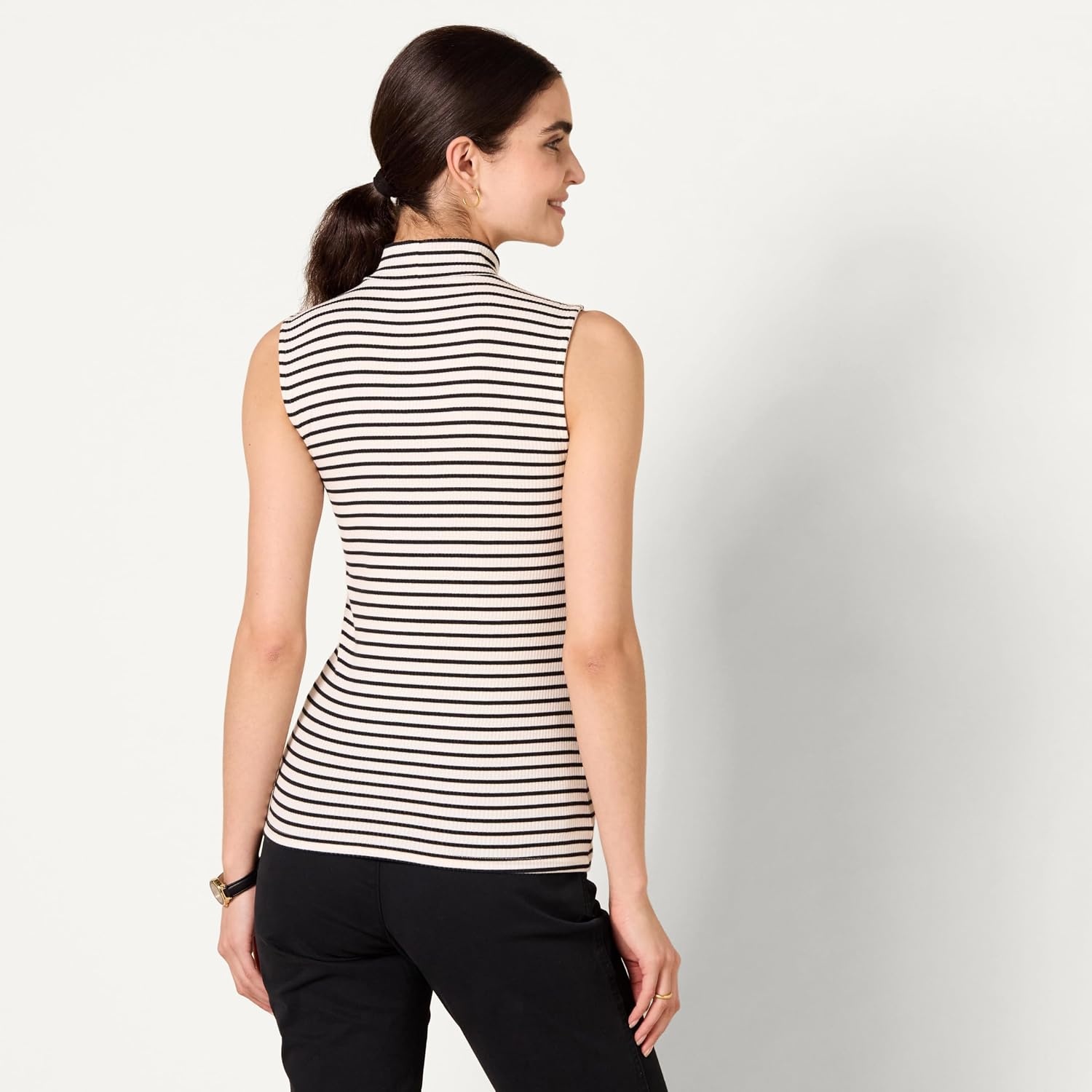 image:imageAmazon Essentials Womens MockNeck SlimFit Ribbed Knit Cotton Sleeveless Top Pack of 2BlackFrench Stripe