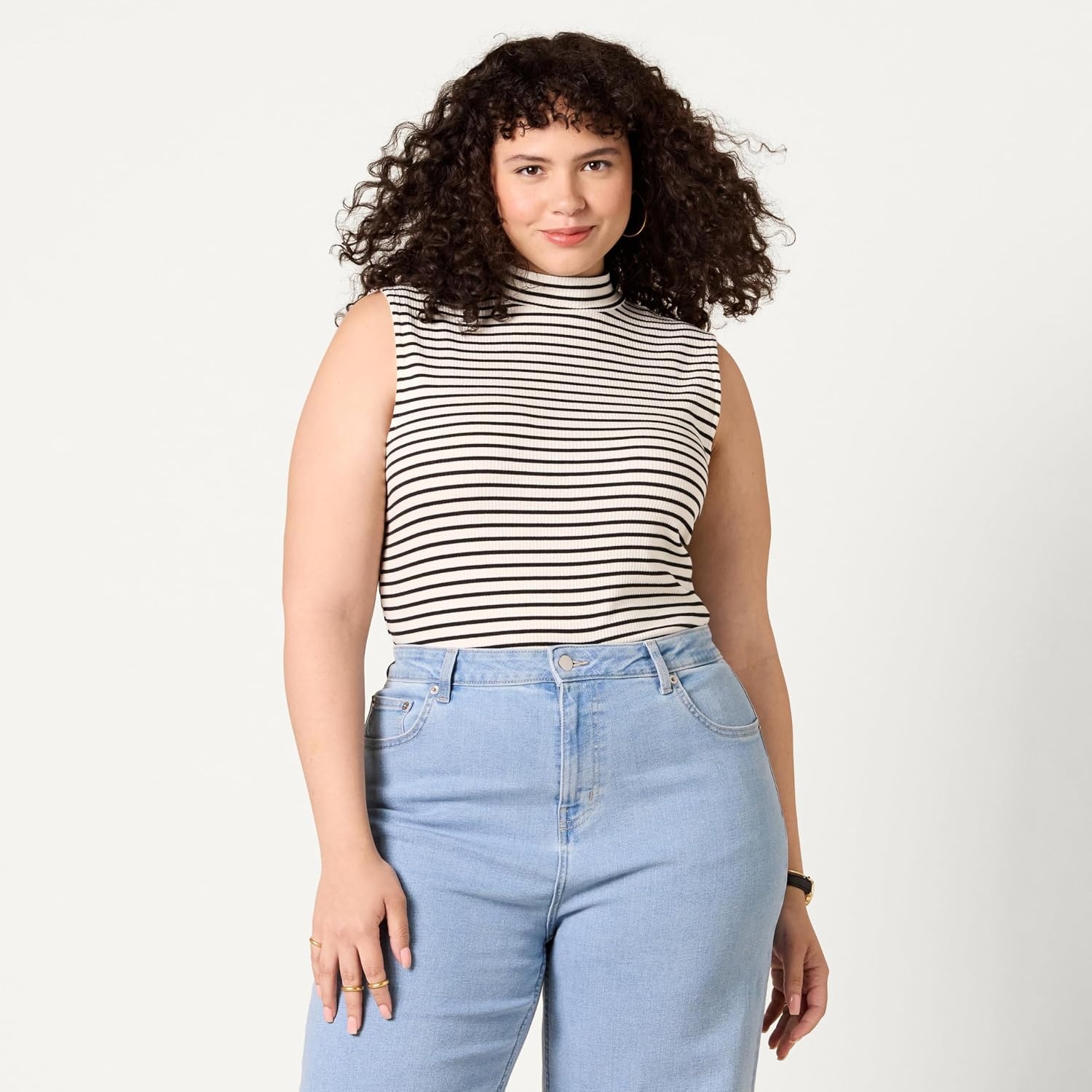 image:imageAmazon Essentials Womens MockNeck SlimFit Ribbed Knit Cotton Sleeveless Top Pack of 2BlackFrench Stripe