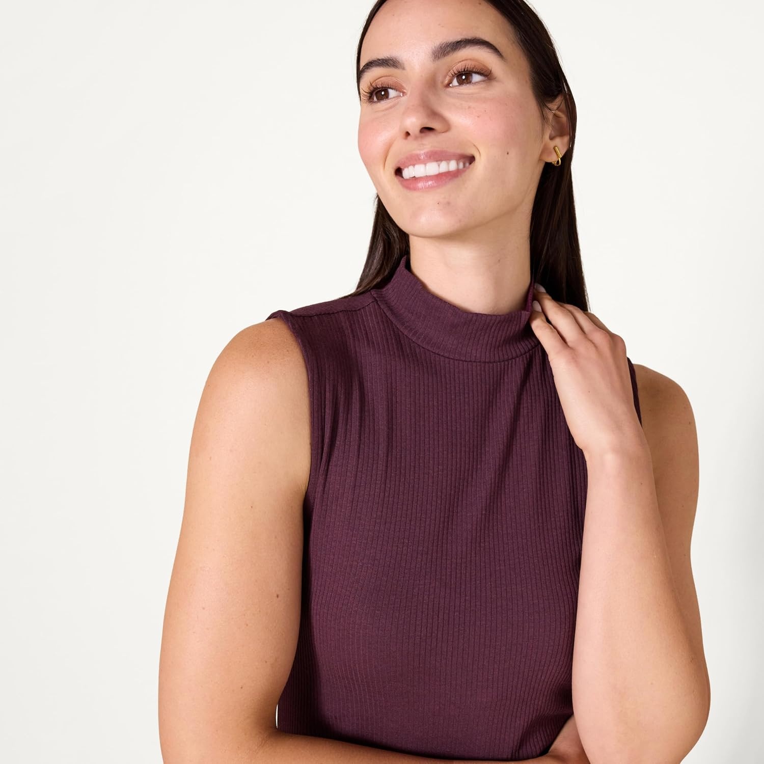 image:imageAmazon Essentials Womens MockNeck SlimFit Ribbed Knit Cotton Sleeveless Top Pack of 2BlushBurgundy