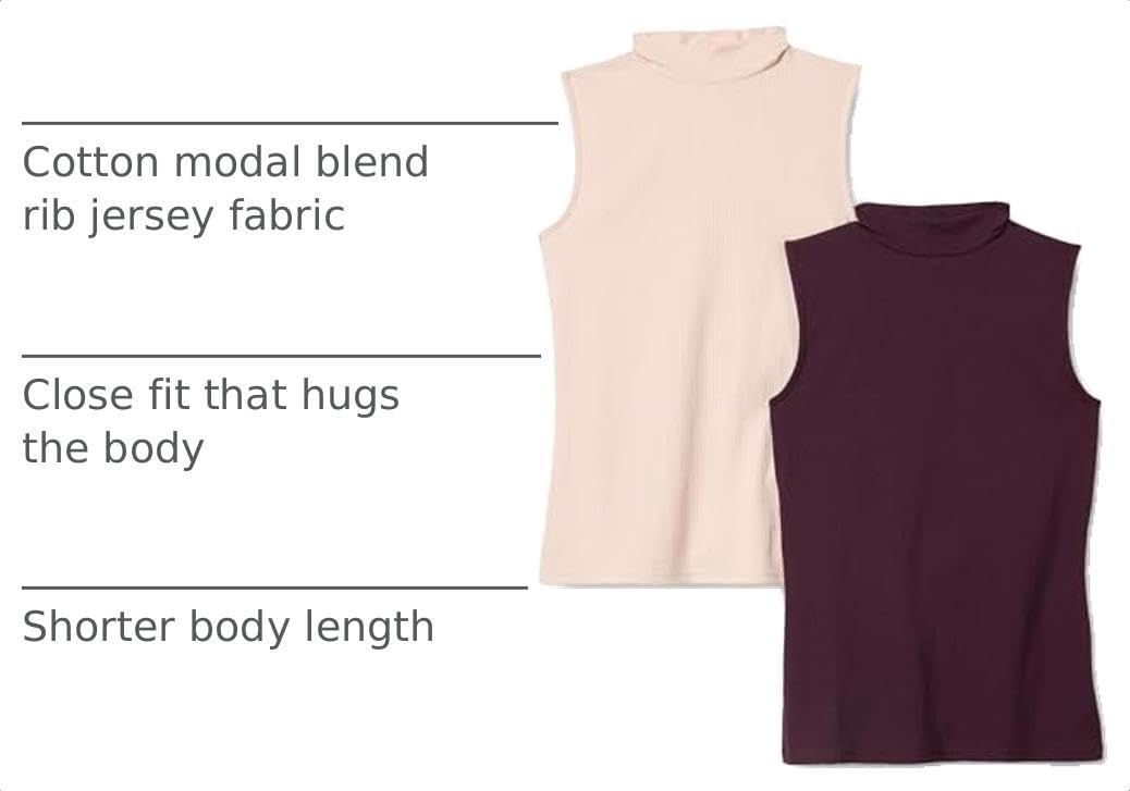 image:imageAmazon Essentials Womens MockNeck SlimFit Ribbed Knit Cotton Sleeveless Top Pack of 2BlushBurgundy