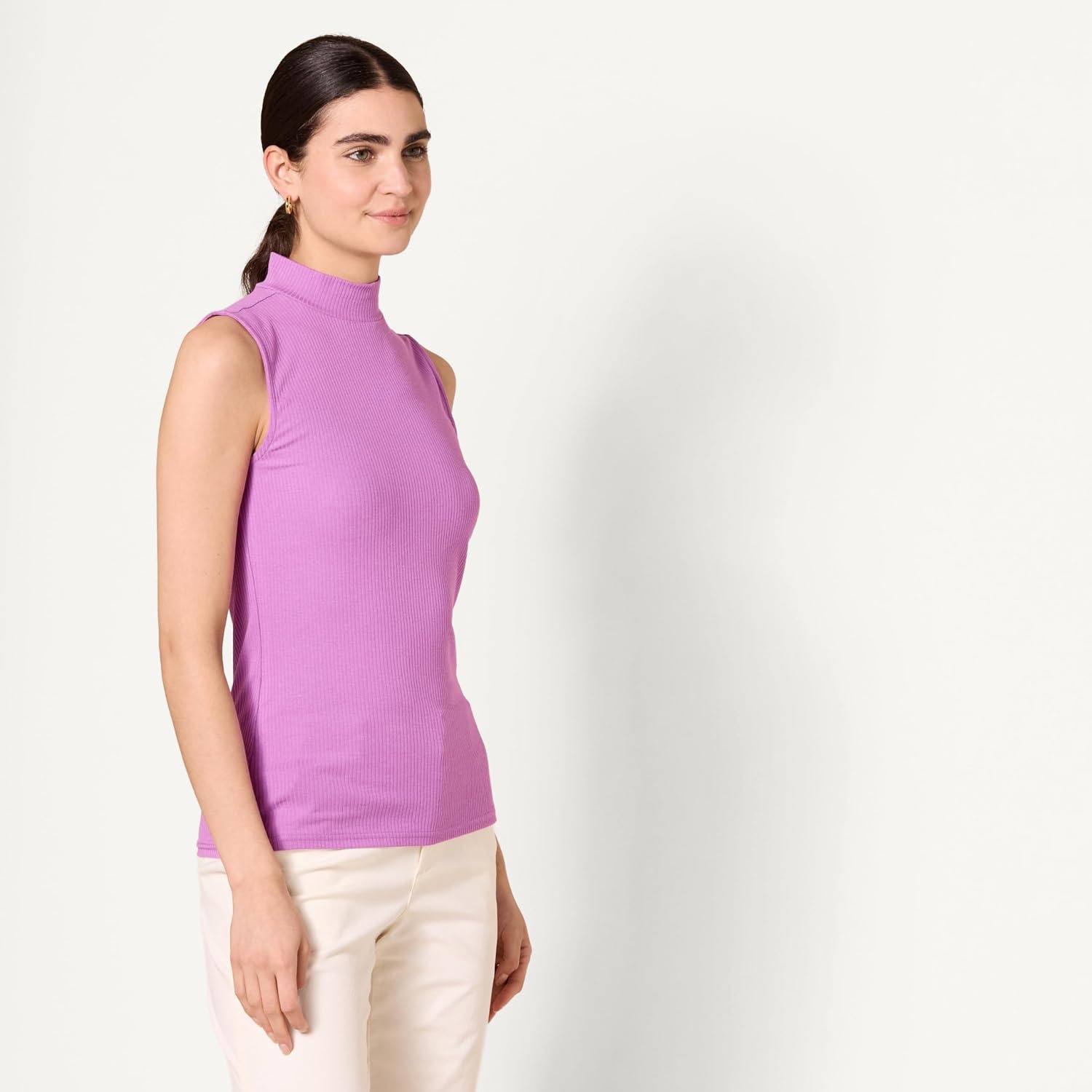 image:imageAmazon Essentials Womens MockNeck SlimFit Ribbed Knit Cotton Sleeveless Top Pack of 2PurpleWhite