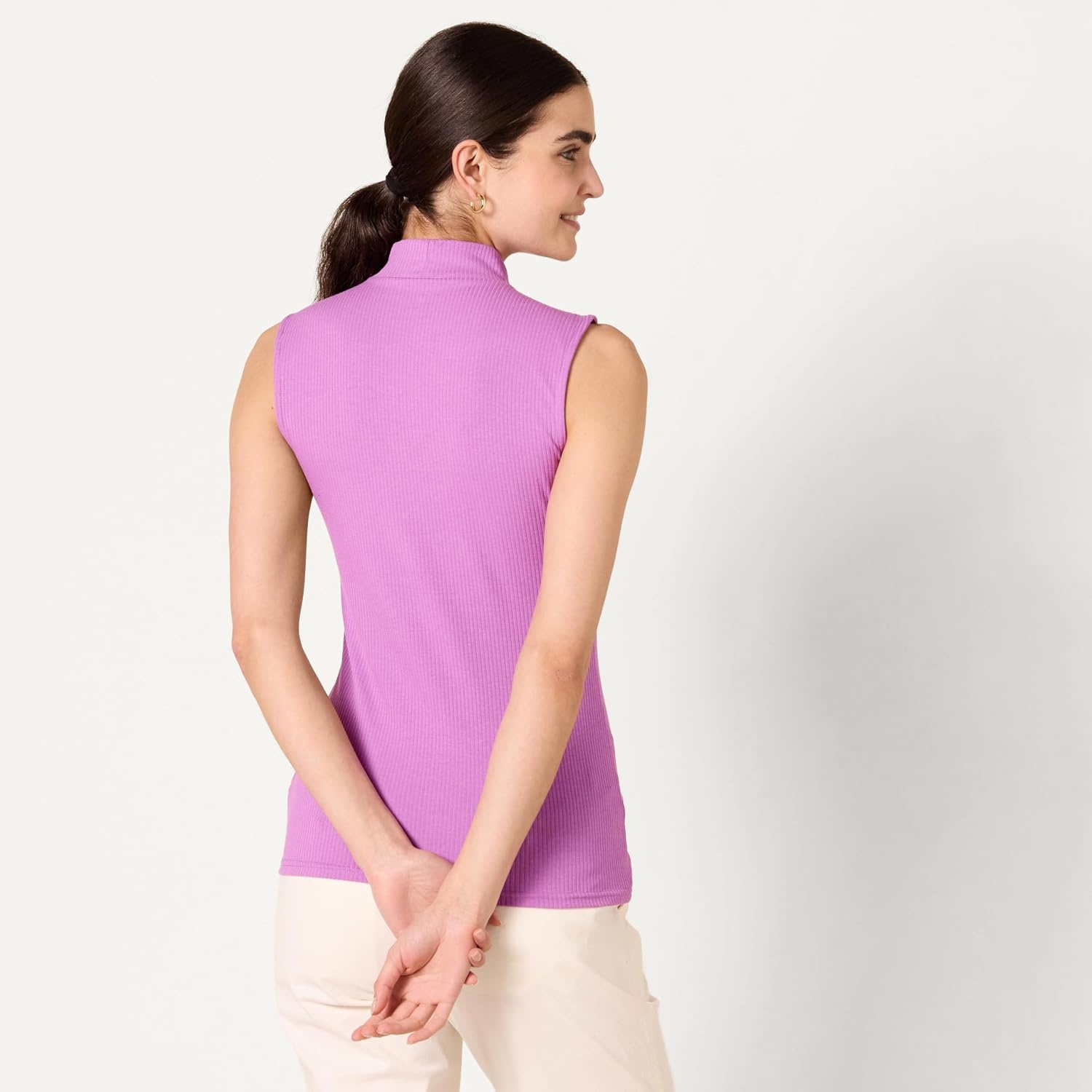 image:imageAmazon Essentials Womens MockNeck SlimFit Ribbed Knit Cotton Sleeveless Top Pack of 2PurpleWhite