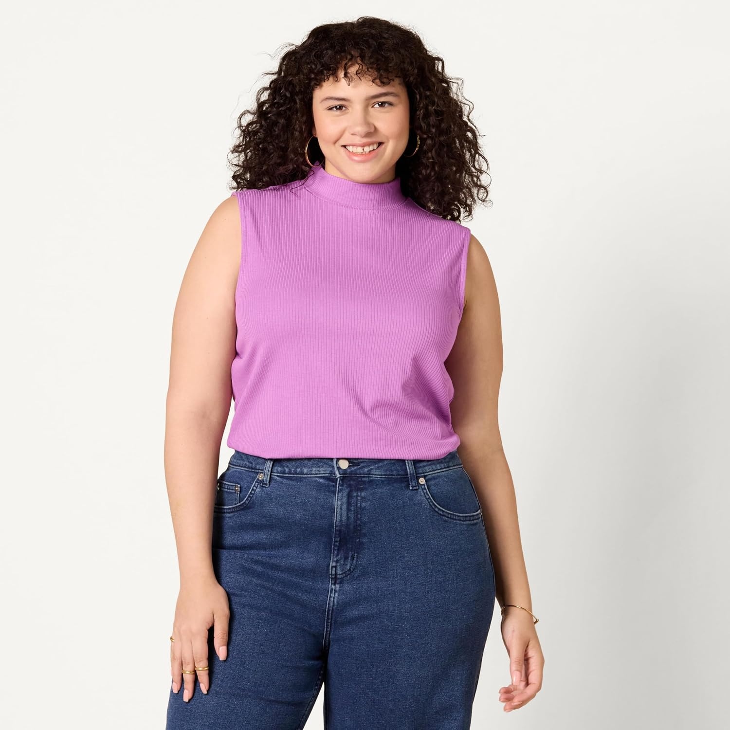 image:imageAmazon Essentials Womens MockNeck SlimFit Ribbed Knit Cotton Sleeveless Top Pack of 2PurpleWhite