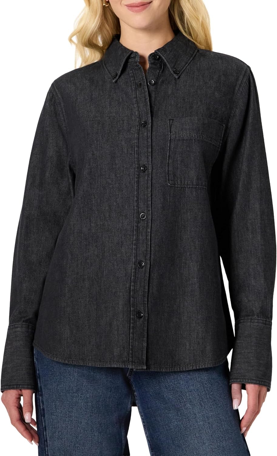 image:imageAmazon Essentials Womens Modern OversizedFit Cropped Denim ButtonDown Shirt Lightweight Chambray Point CollarBlack