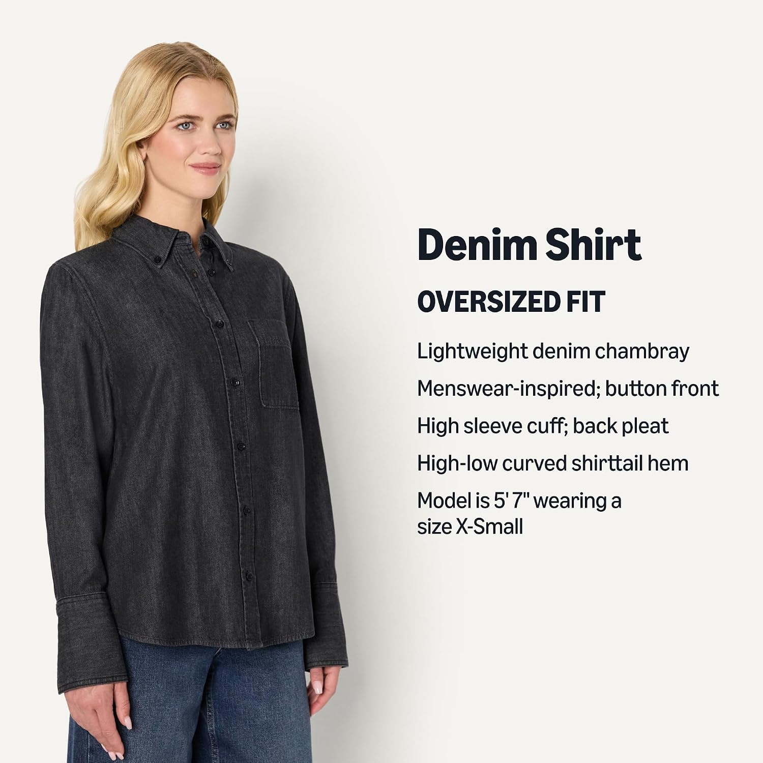 image:imageAmazon Essentials Womens Modern OversizedFit Cropped Denim ButtonDown Shirt Lightweight Chambray Point CollarBlack