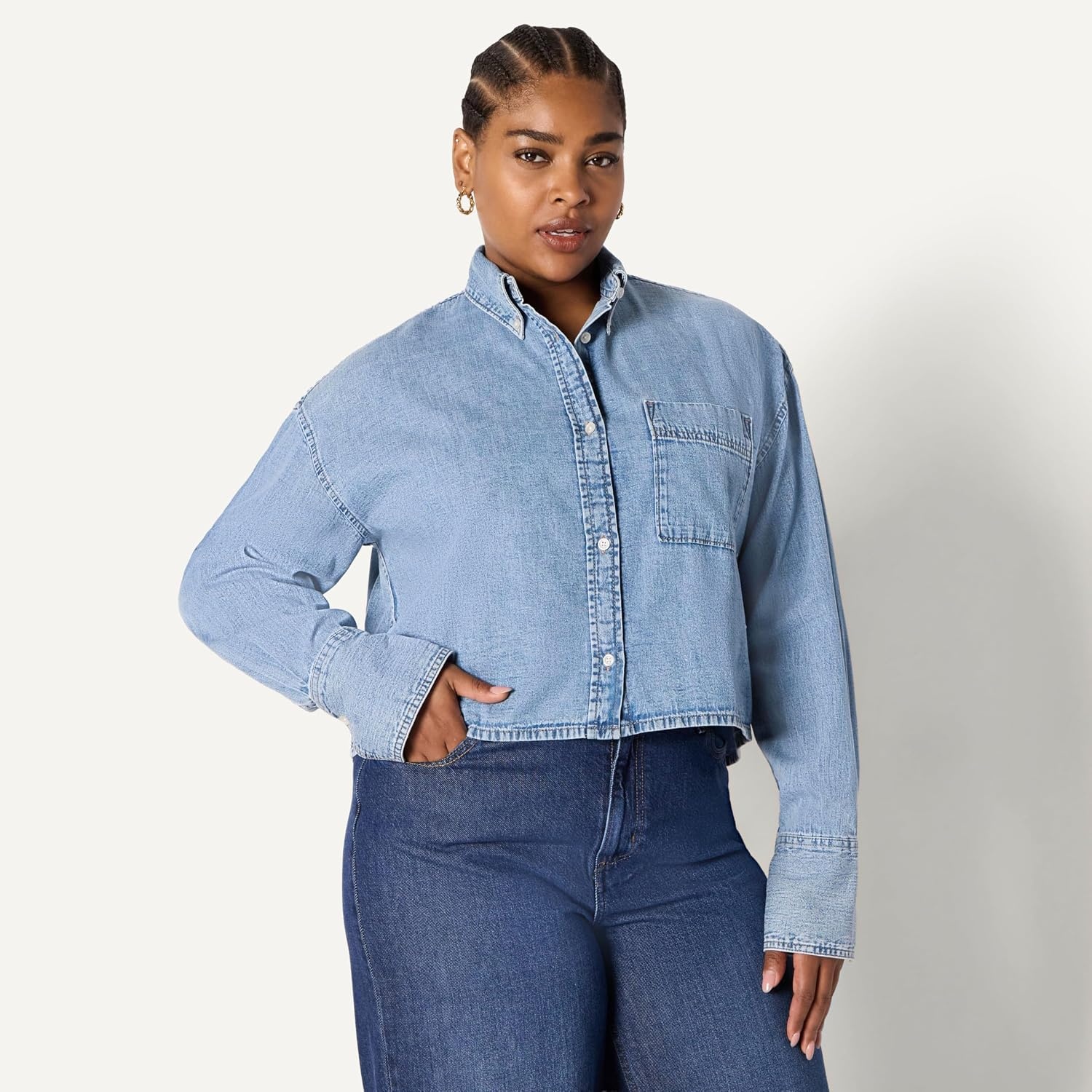 image:imageAmazon Essentials Womens Modern OversizedFit Cropped Denim ButtonDown Shirt Lightweight Chambray Point CollarIcy Light Blue