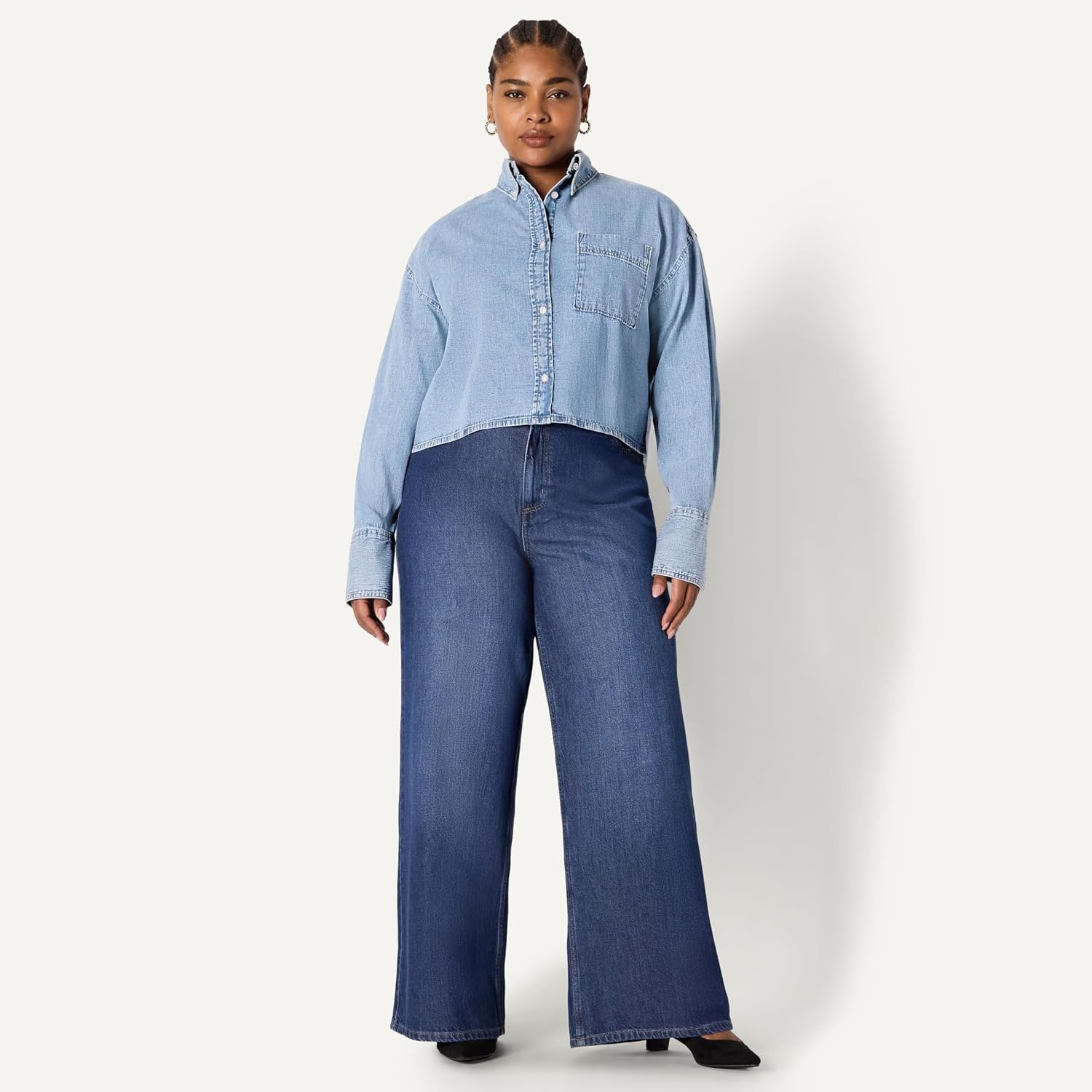 image:imageAmazon Essentials Womens Modern OversizedFit Cropped Denim ButtonDown Shirt Lightweight Chambray Point CollarIcy Light Blue