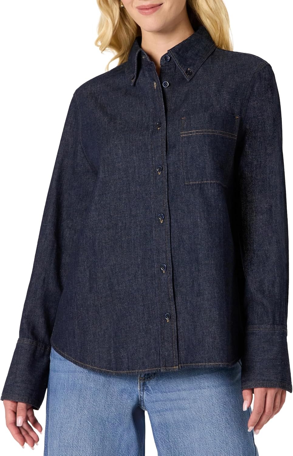 image:imageAmazon Essentials Womens Modern OversizedFit Cropped Denim ButtonDown Shirt Lightweight Chambray Point CollarRinse