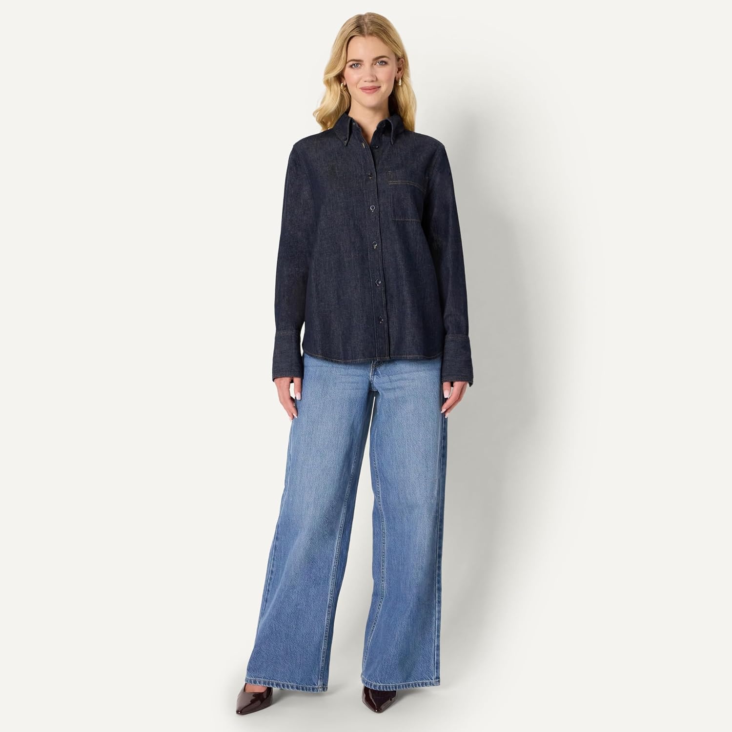 image:imageAmazon Essentials Womens Modern OversizedFit Cropped Denim ButtonDown Shirt Lightweight Chambray Point CollarRinse