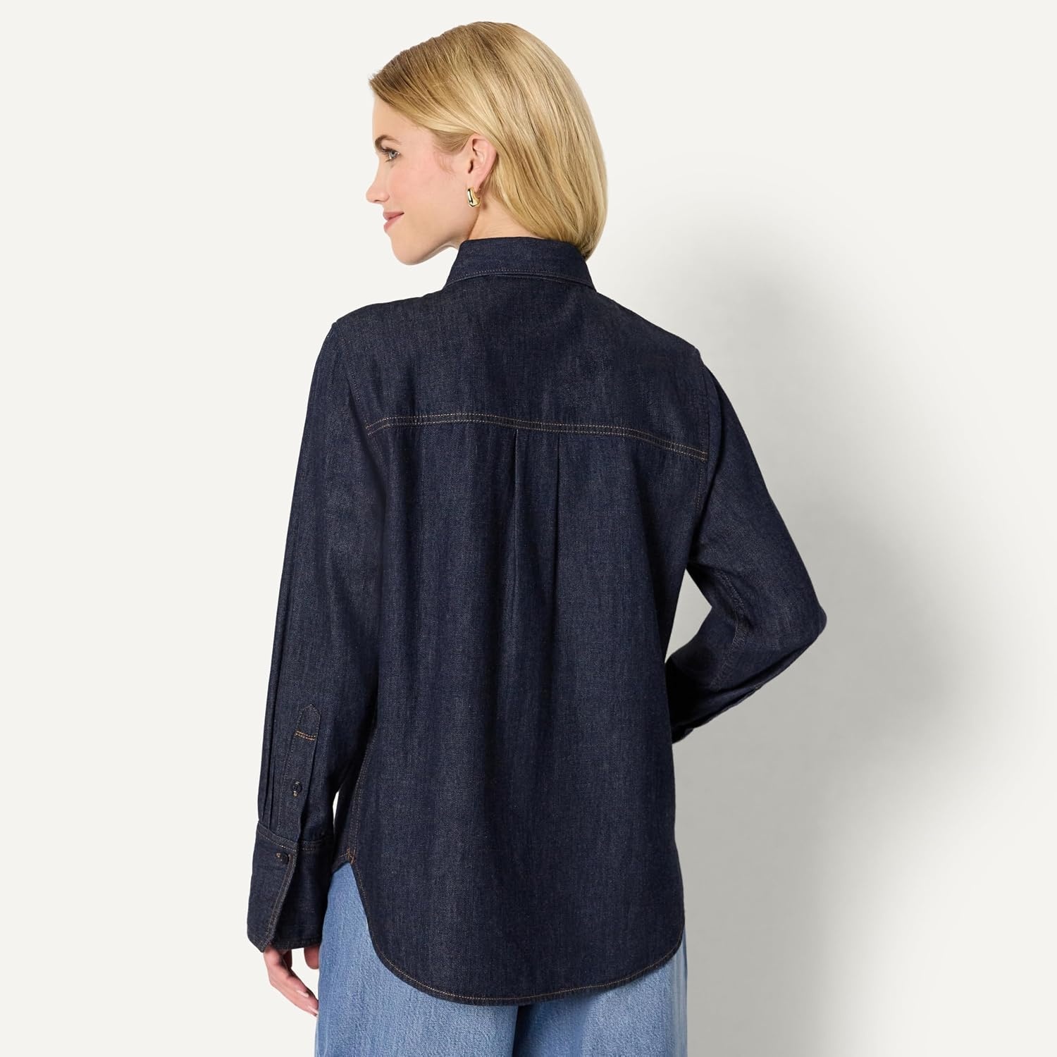 image:imageAmazon Essentials Womens Modern OversizedFit Cropped Denim ButtonDown Shirt Lightweight Chambray Point CollarRinse