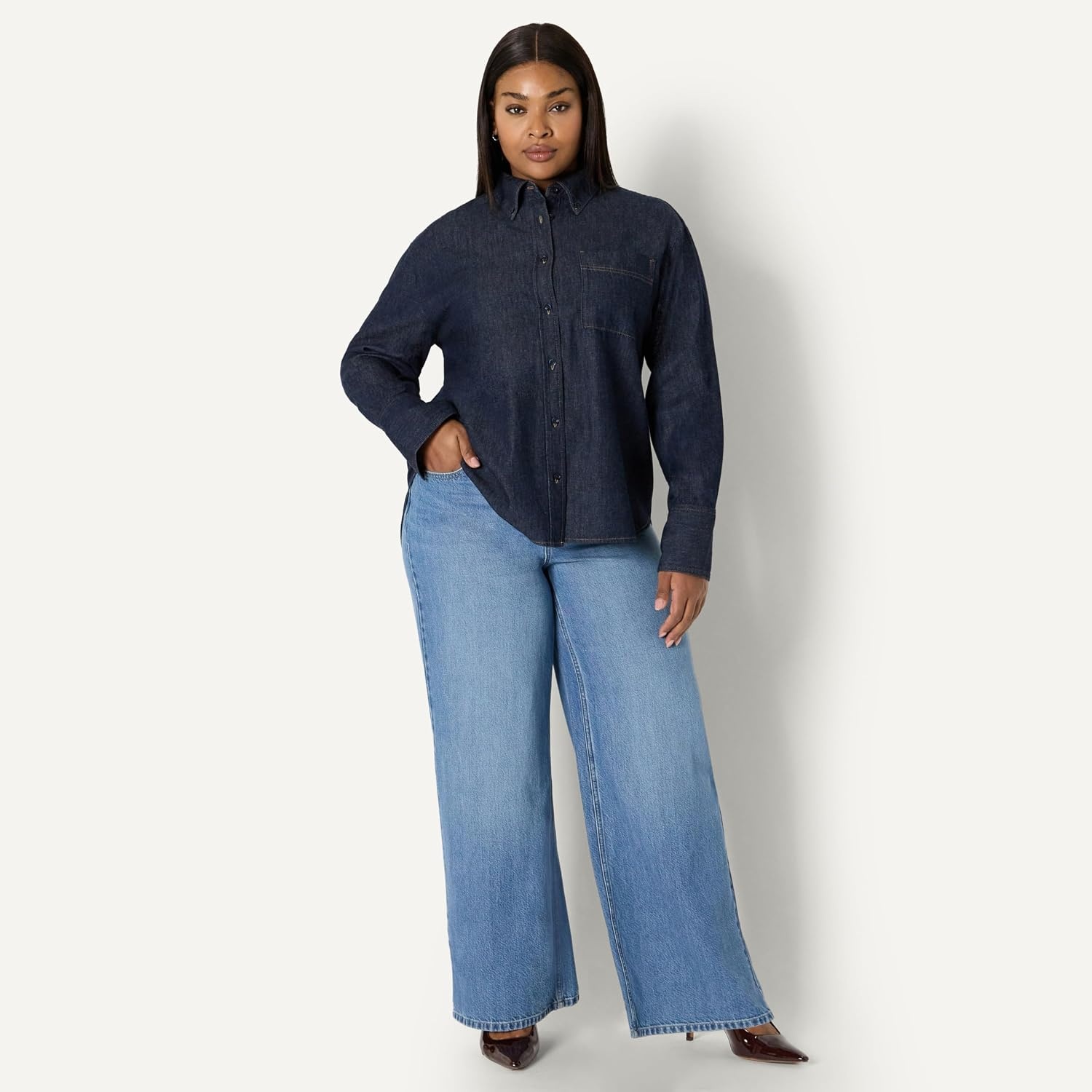 image:imageAmazon Essentials Womens Modern OversizedFit Cropped Denim ButtonDown Shirt Lightweight Chambray Point CollarRinse