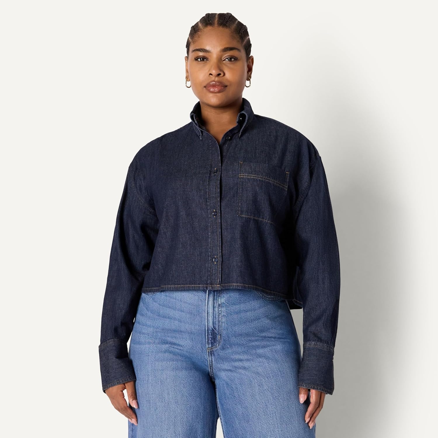 image:imageAmazon Essentials Womens Modern OversizedFit Cropped Denim ButtonDown Shirt Lightweight Chambray Point CollarRinse