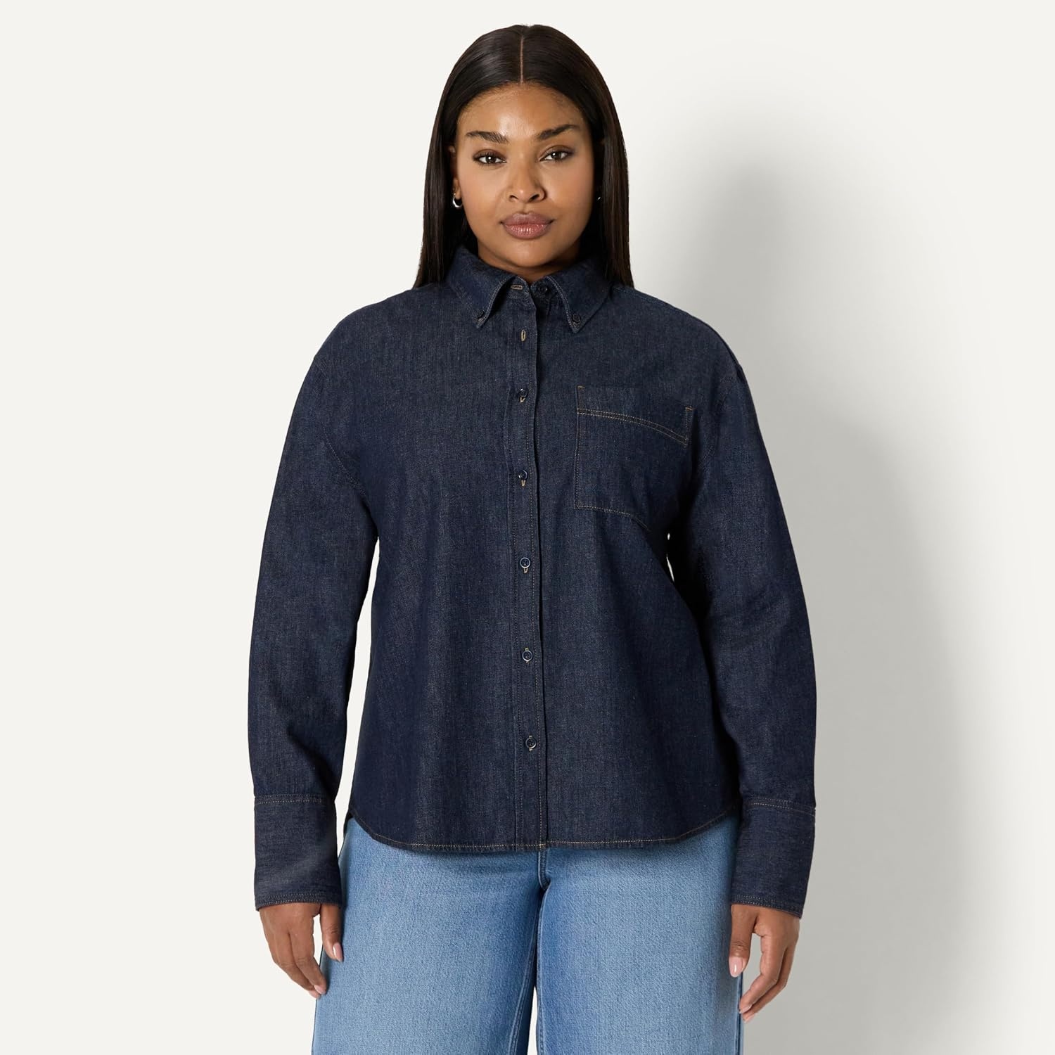 image:imageAmazon Essentials Womens Modern OversizedFit Cropped Denim ButtonDown Shirt Lightweight Chambray Point CollarRinse