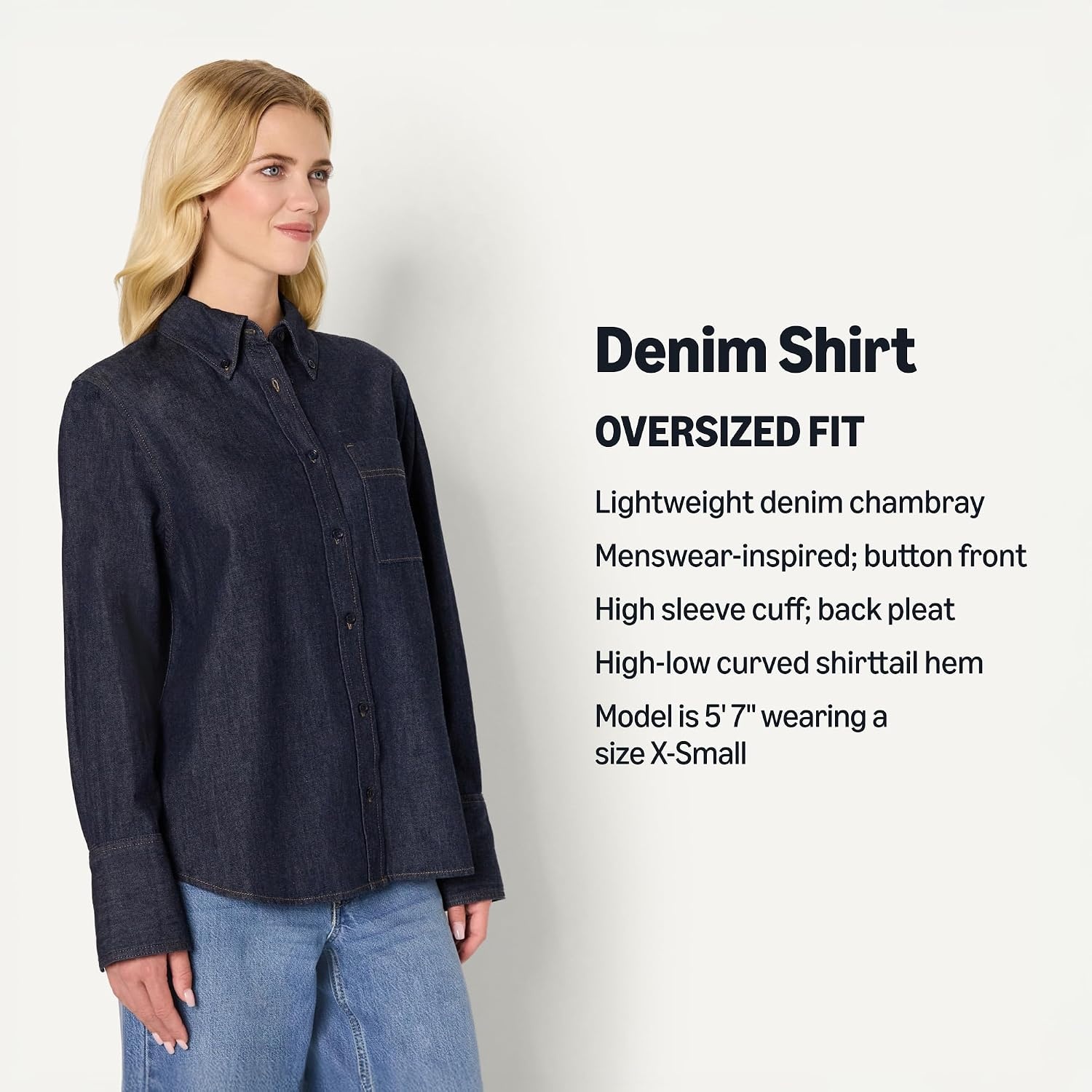 image:imageAmazon Essentials Womens Modern OversizedFit Cropped Denim ButtonDown Shirt Lightweight Chambray Point CollarRinse