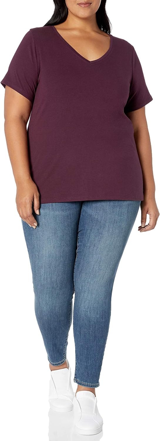 image:imageAmazon Essentials Womens Plus Size ShortSleeve VNeck TShirtBurgundy