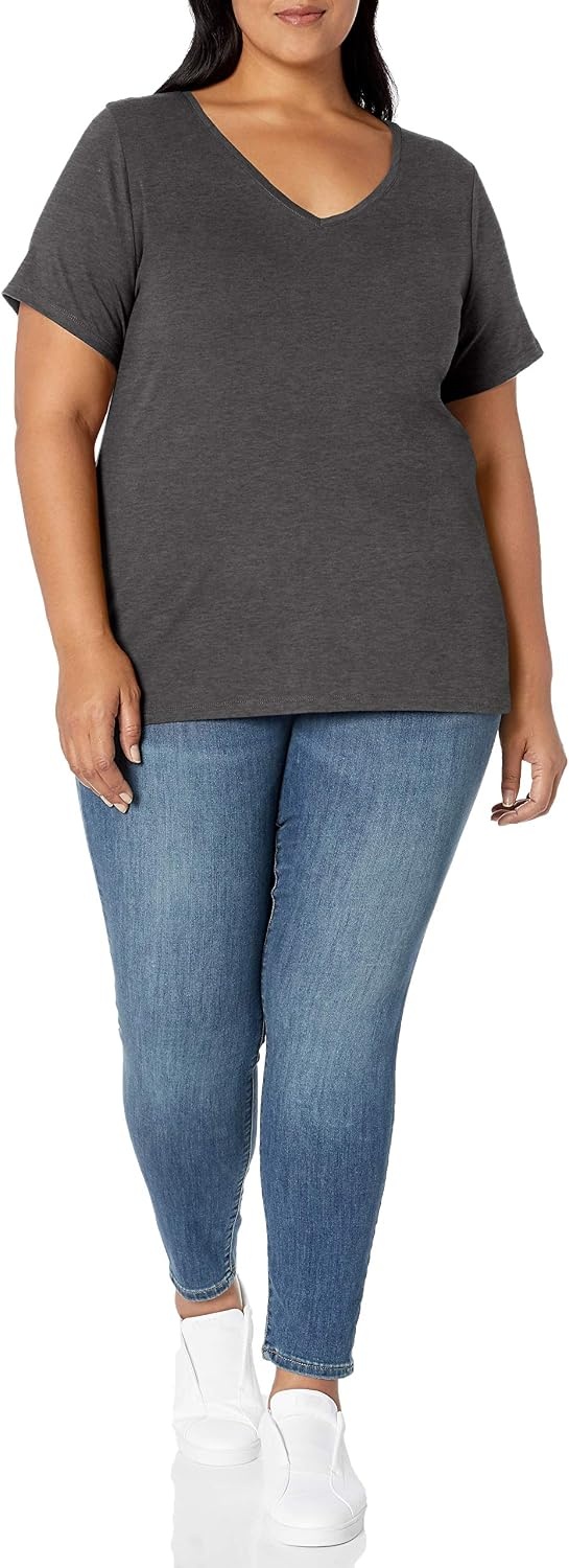 image:imageAmazon Essentials Womens Plus Size ShortSleeve VNeck TShirtCharcoal Heather