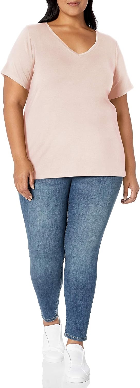 image:imageAmazon Essentials Womens Plus Size ShortSleeve VNeck TShirtLight Pink