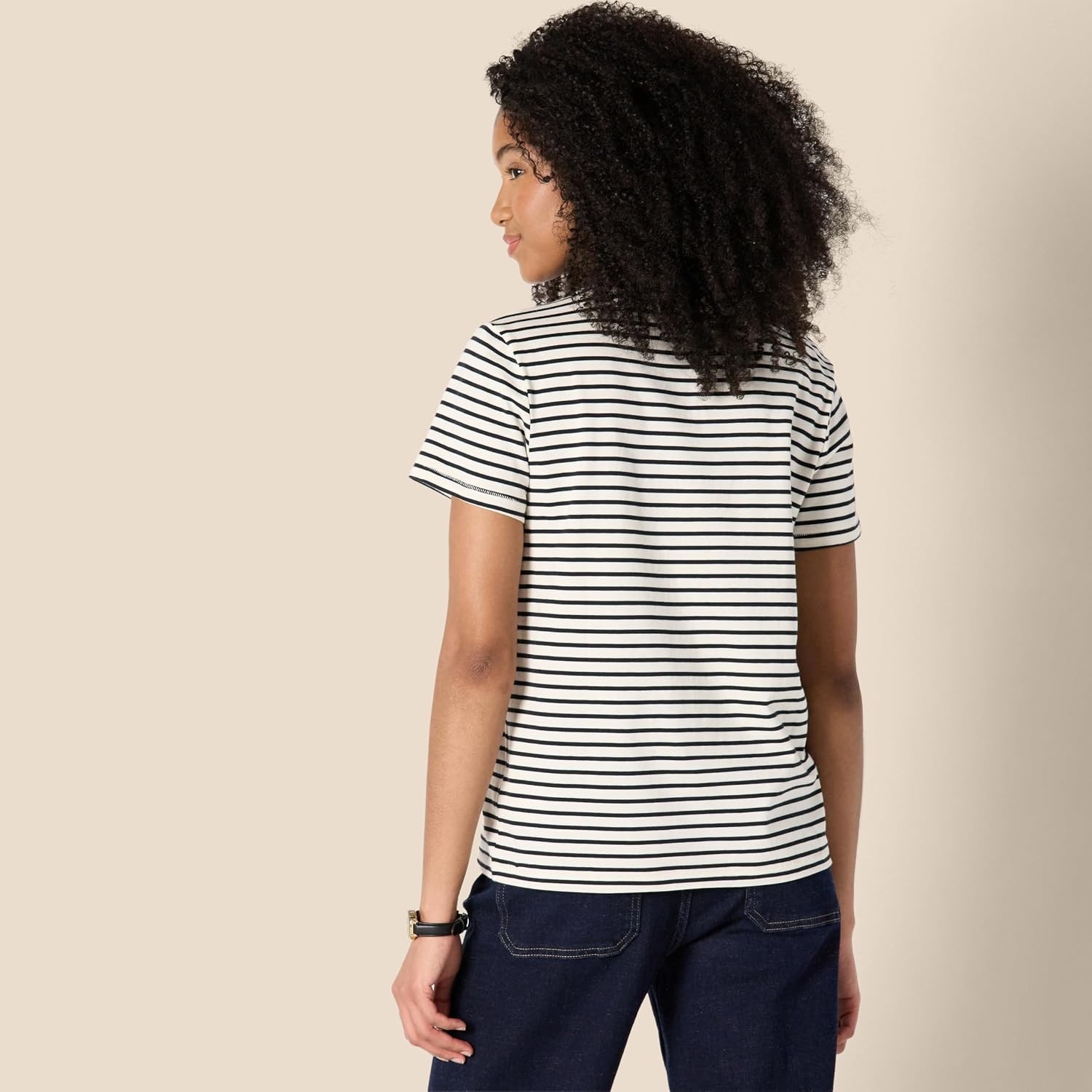 image:imageAmazon Essentials Womens Regular Fit 100 Cotton Crewneck Short Sleeve TShirtEggshell White Black French Stripe