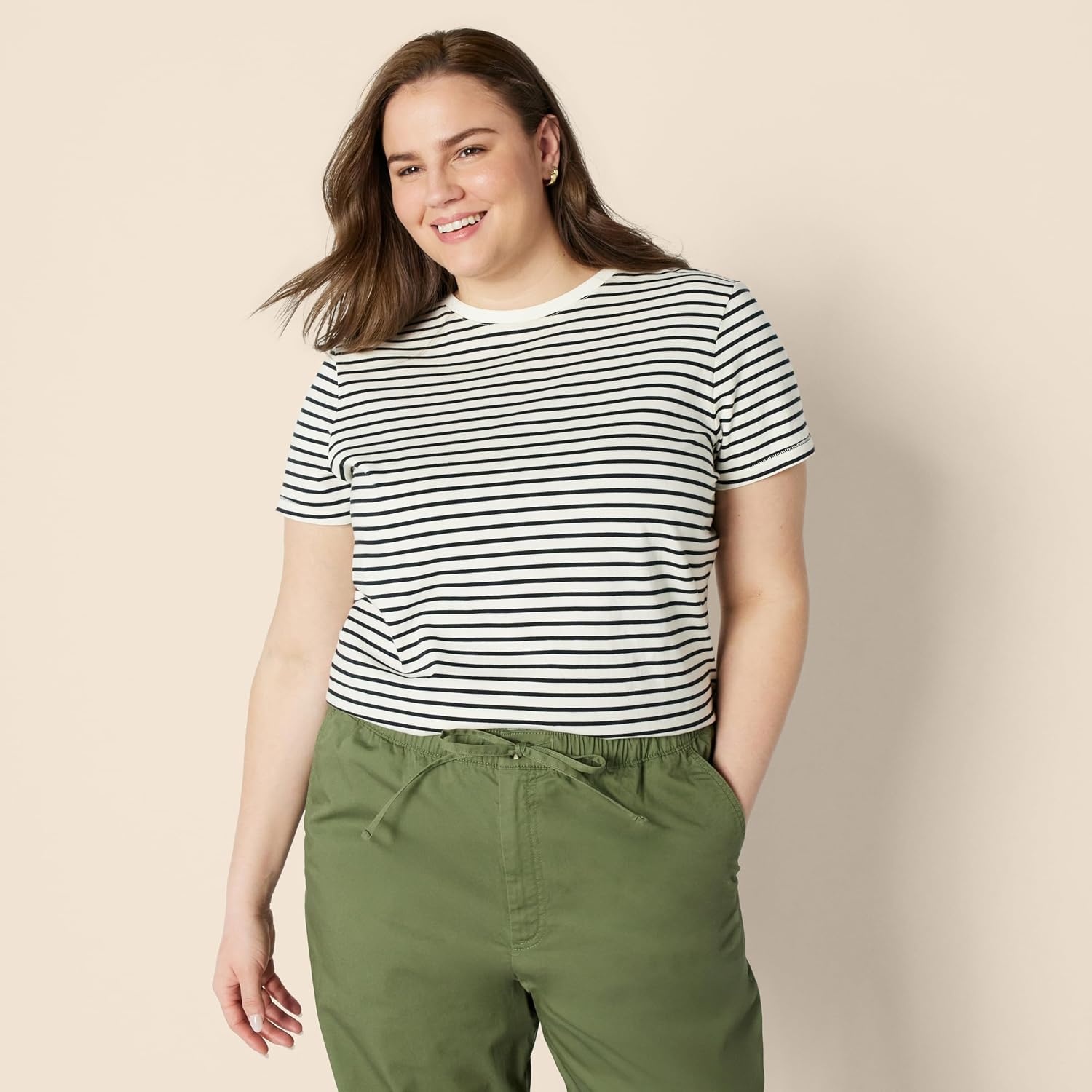image:imageAmazon Essentials Womens Regular Fit 100 Cotton Crewneck Short Sleeve TShirtEggshell White Black French Stripes