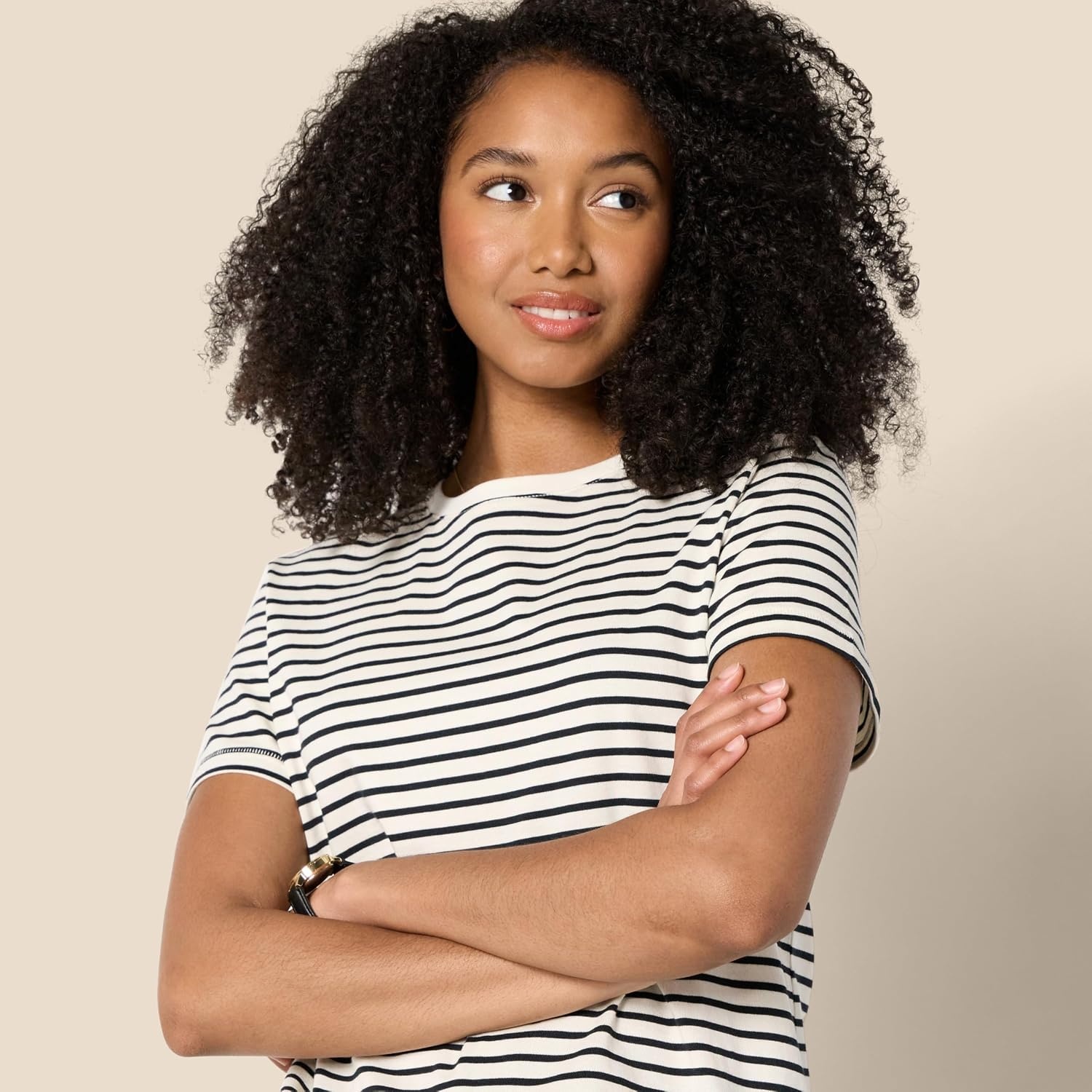 image:imageAmazon Essentials Womens Regular Fit 100 Cotton Crewneck Short Sleeve TShirtEggshell White Black French Stripes