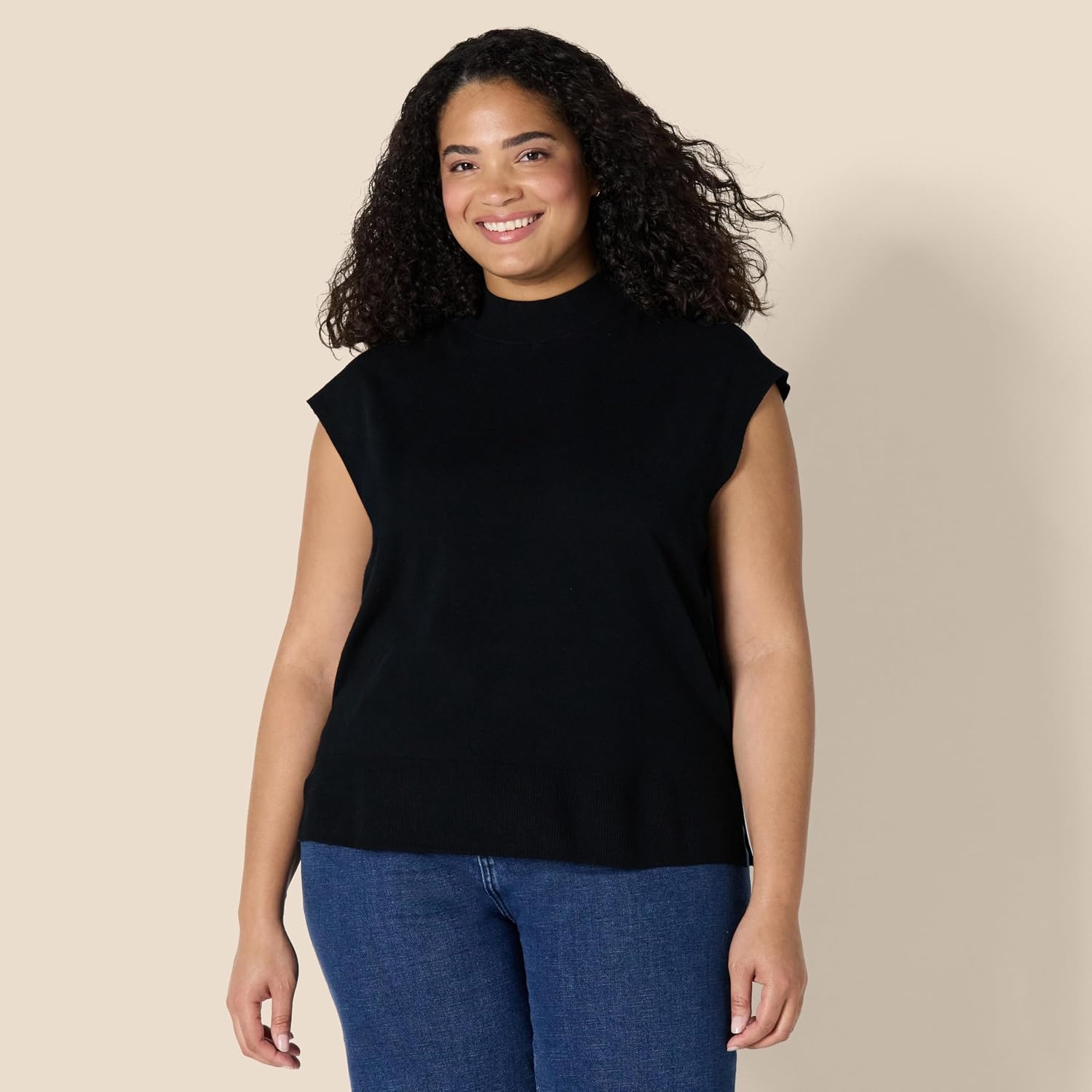 image:imageAmazon Essentials Womens RegularFit Cap Sleeve Mock Neck Sweater TopBlack