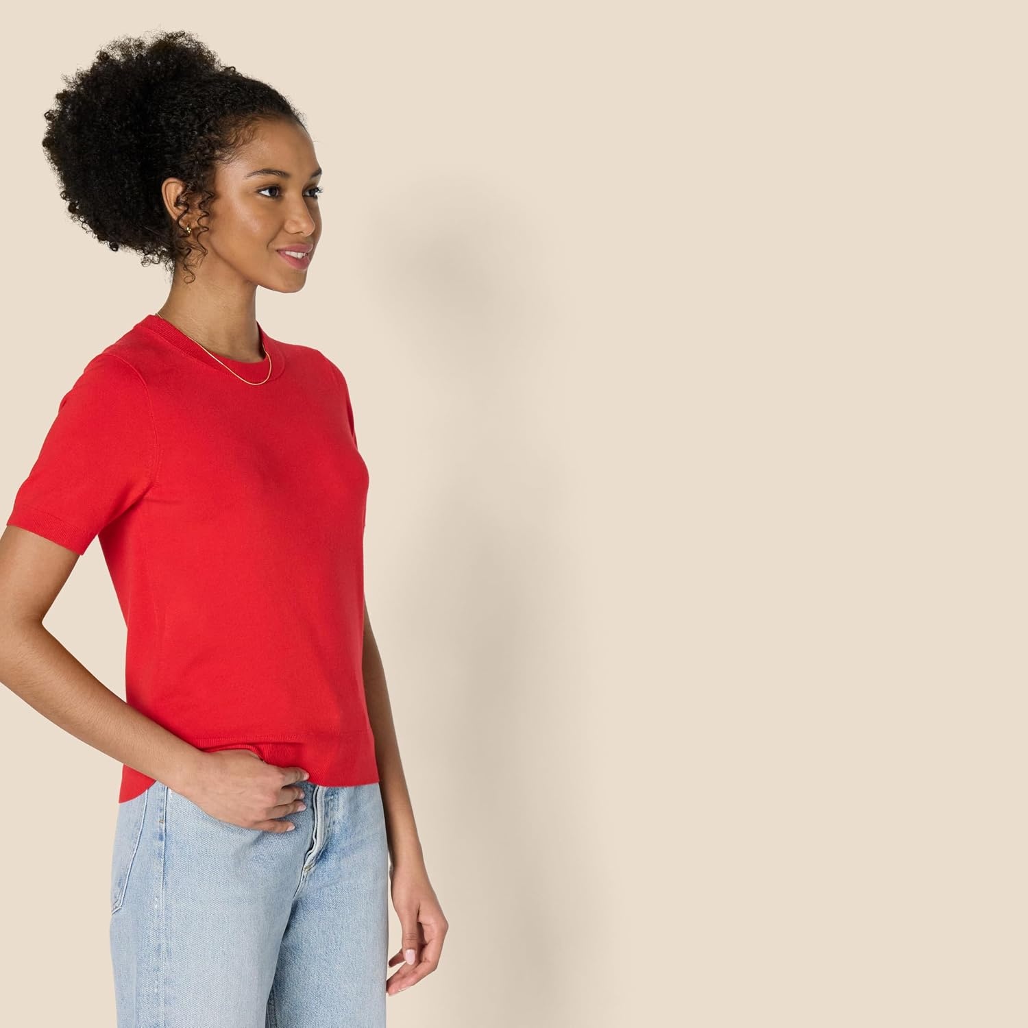image:imageAmazon Essentials Womens RegularFit Cap Sleeve Mock Neck Sweater TopBright Poppy Red