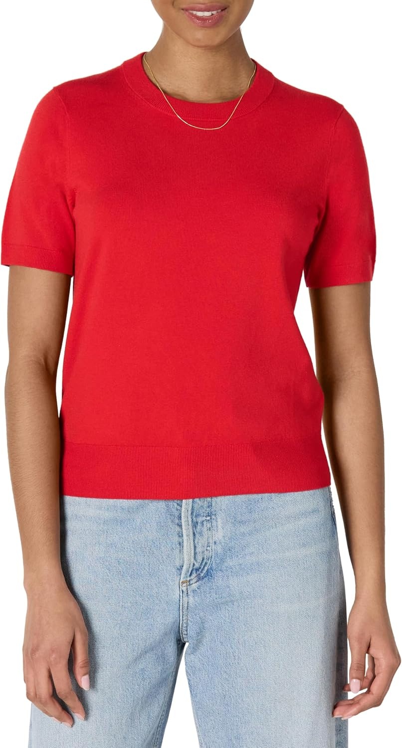 image:imageAmazon Essentials Womens RegularFit Cap Sleeve Mock Neck Sweater TopBright Poppy Red