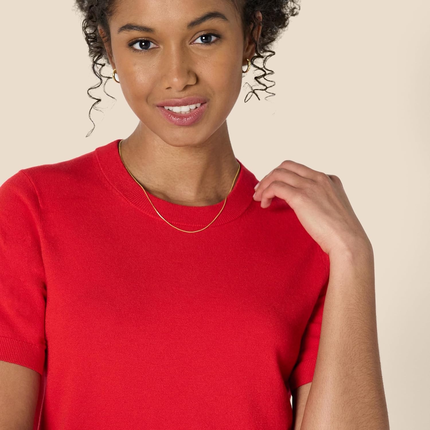 image:imageAmazon Essentials Womens RegularFit Cap Sleeve Mock Neck Sweater TopBright Poppy Red