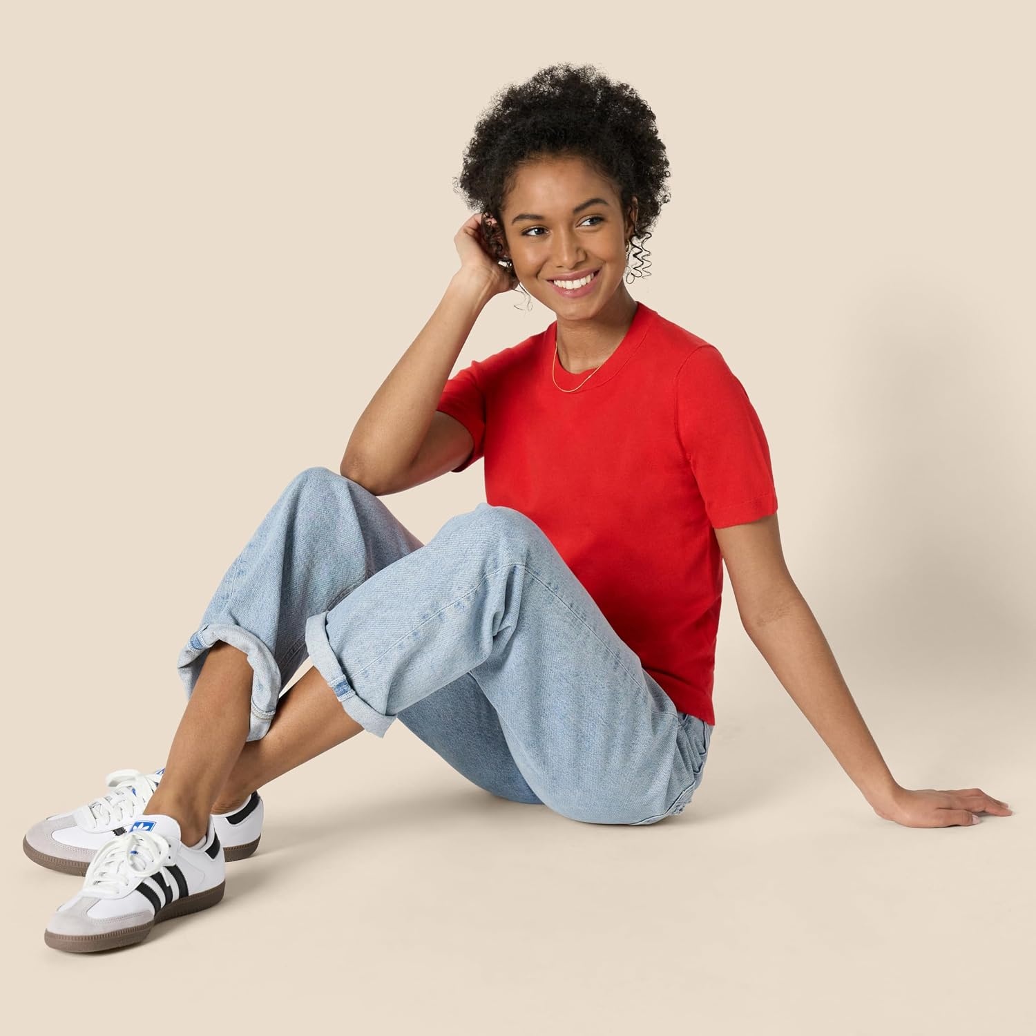 image:imageAmazon Essentials Womens RegularFit Cap Sleeve Mock Neck Sweater TopBright Poppy Red