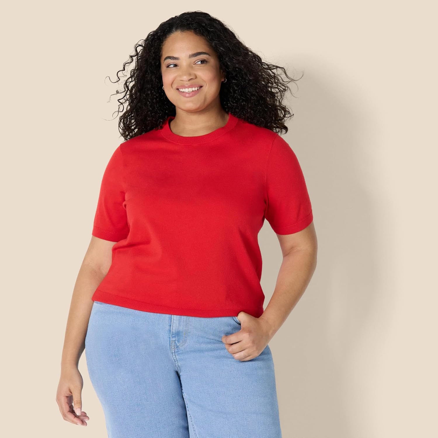 image:imageAmazon Essentials Womens RegularFit Cap Sleeve Mock Neck Sweater TopBright Poppy Red