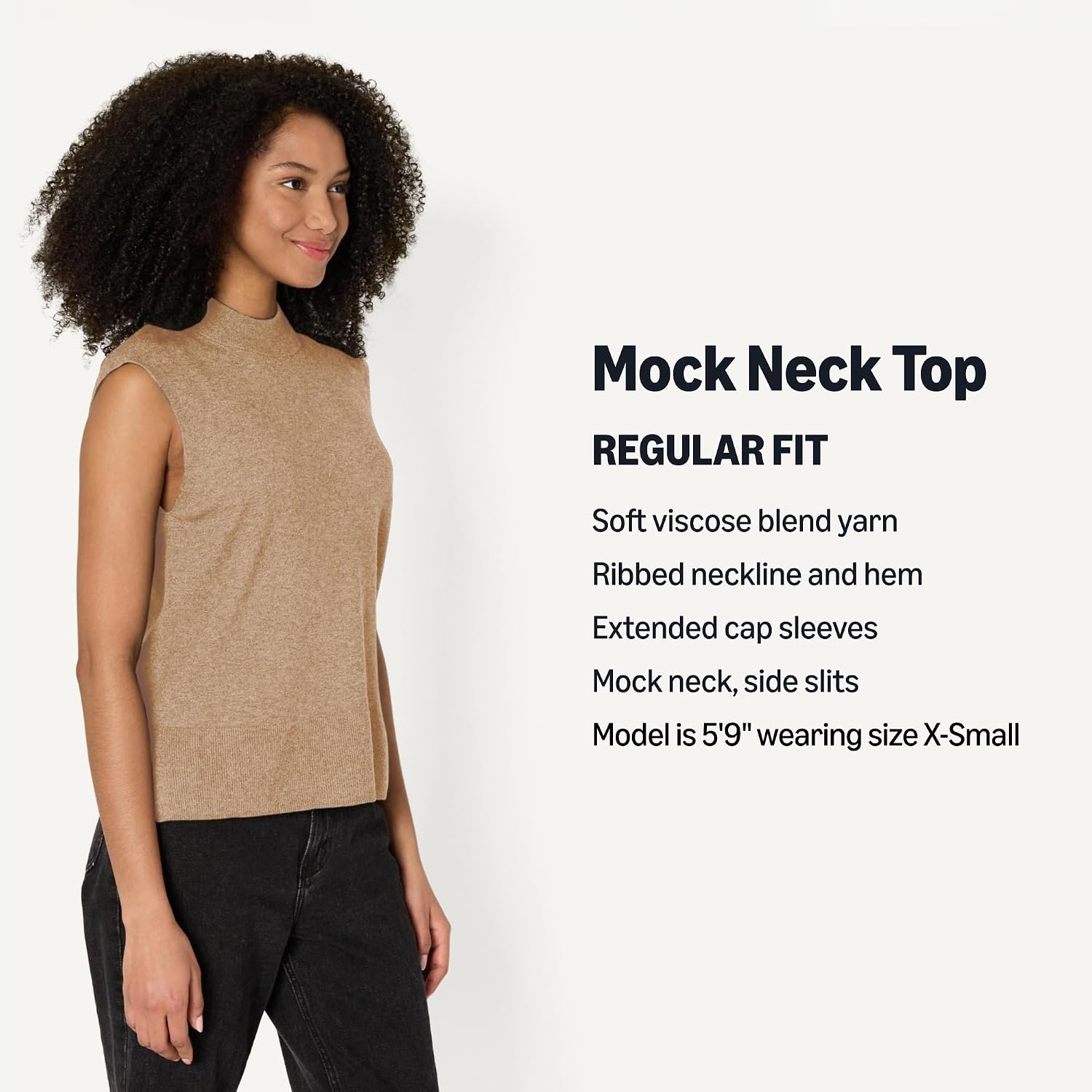 image:imageAmazon Essentials Womens RegularFit Cap Sleeve Mock Neck Sweater TopCamel Heather