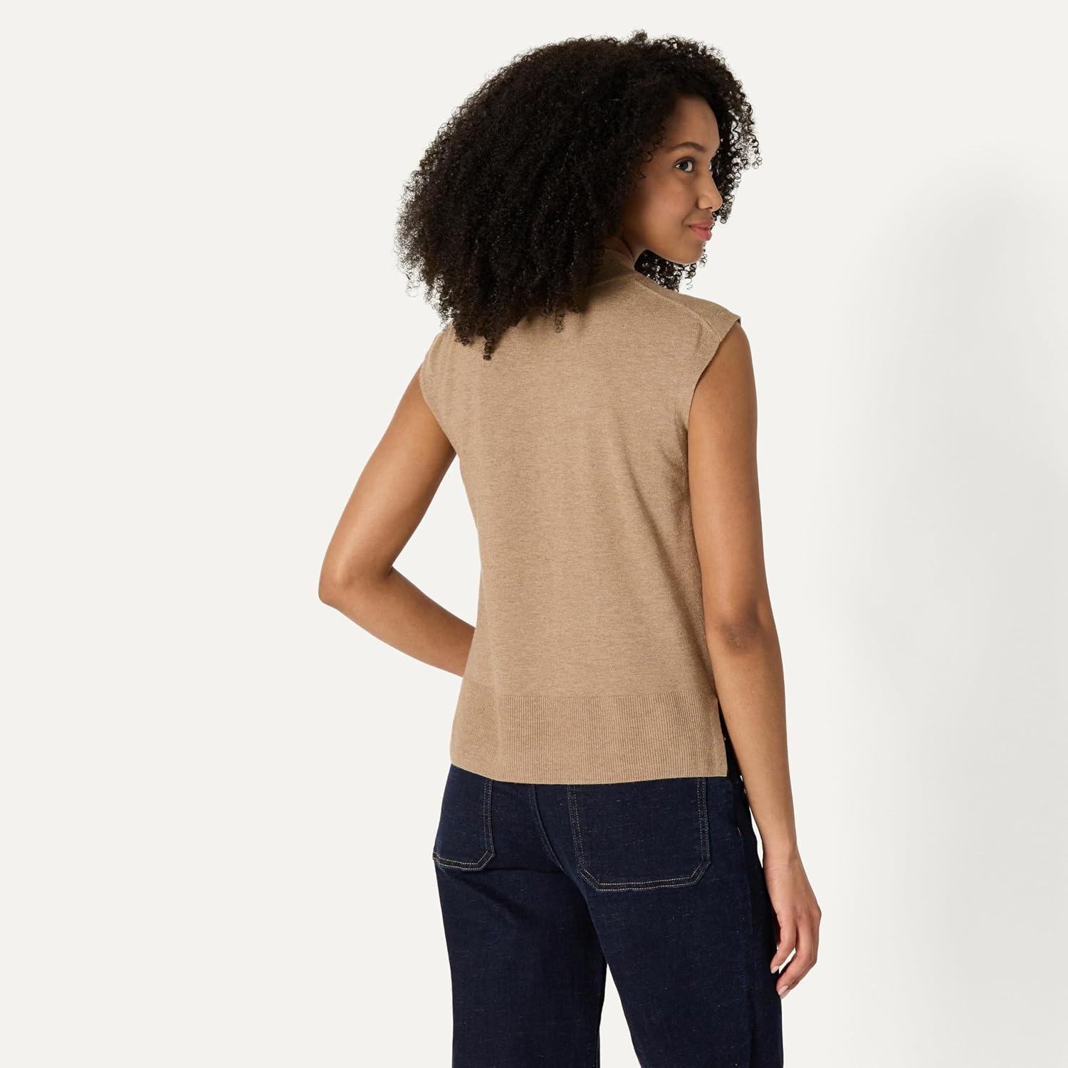 image:imageAmazon Essentials Womens RegularFit Cap Sleeve Mock Neck Sweater TopCamel Heather