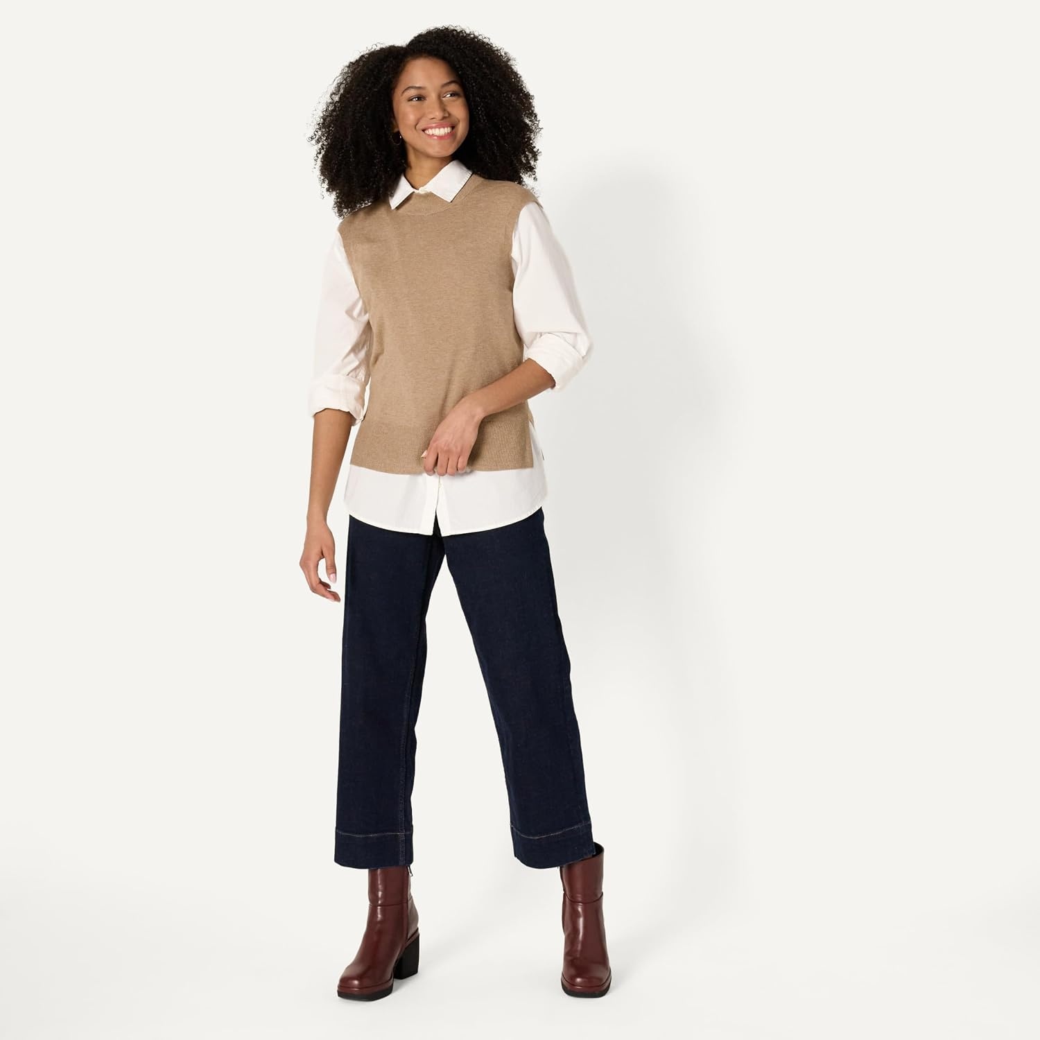 image:imageAmazon Essentials Womens RegularFit Cap Sleeve Mock Neck Sweater TopCamel Heather