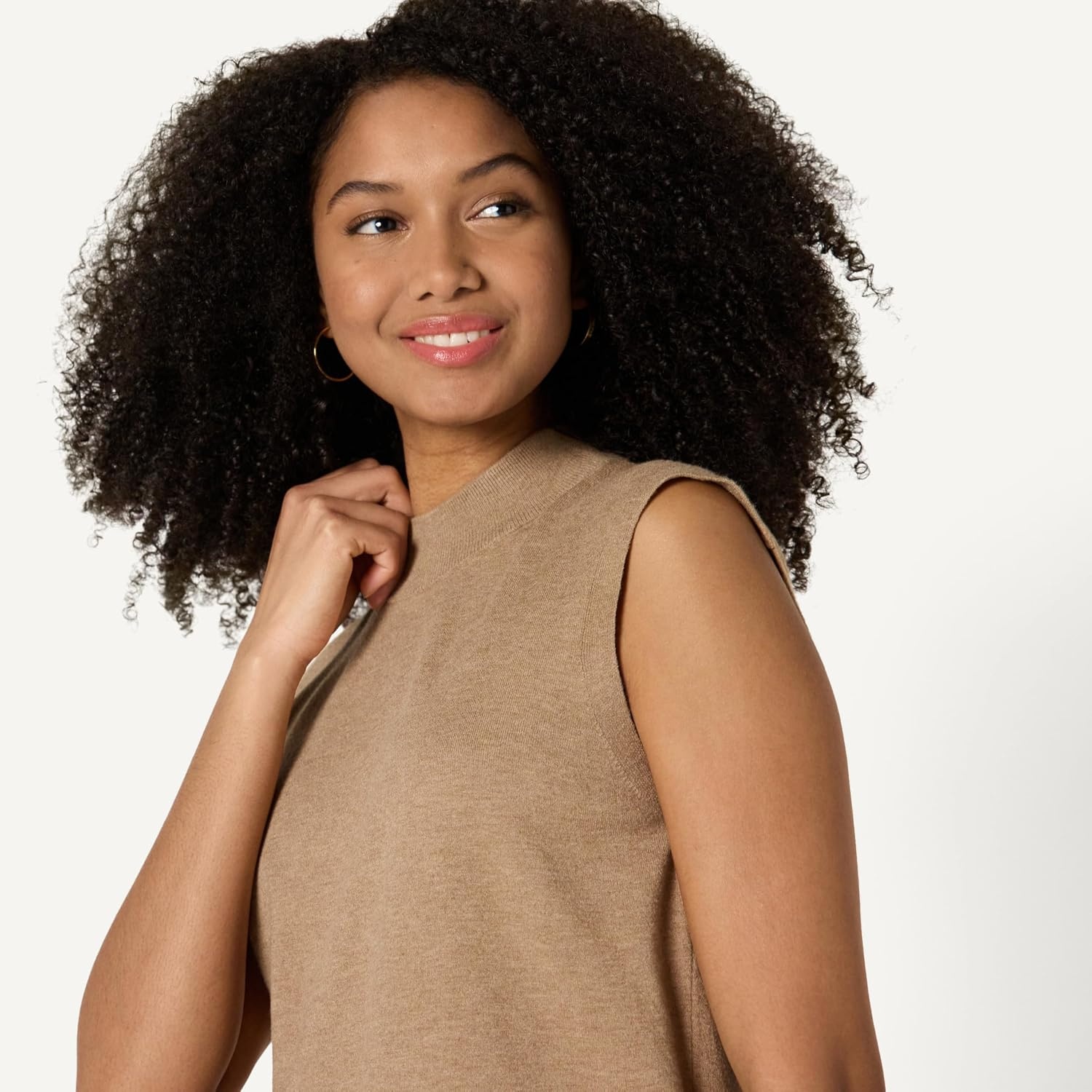 image:imageAmazon Essentials Womens RegularFit Cap Sleeve Mock Neck Sweater TopCamel Heather