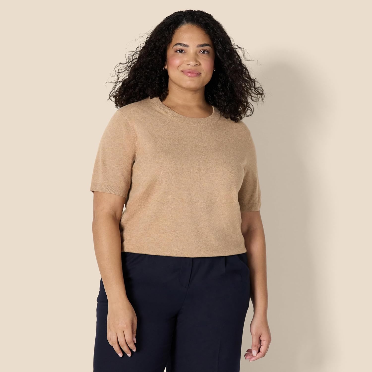 image:imageAmazon Essentials Womens RegularFit Cap Sleeve Mock Neck Sweater TopCamel Heather
