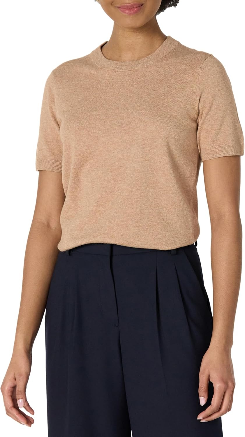 image:imageAmazon Essentials Womens RegularFit Cap Sleeve Mock Neck Sweater TopCamel Heather