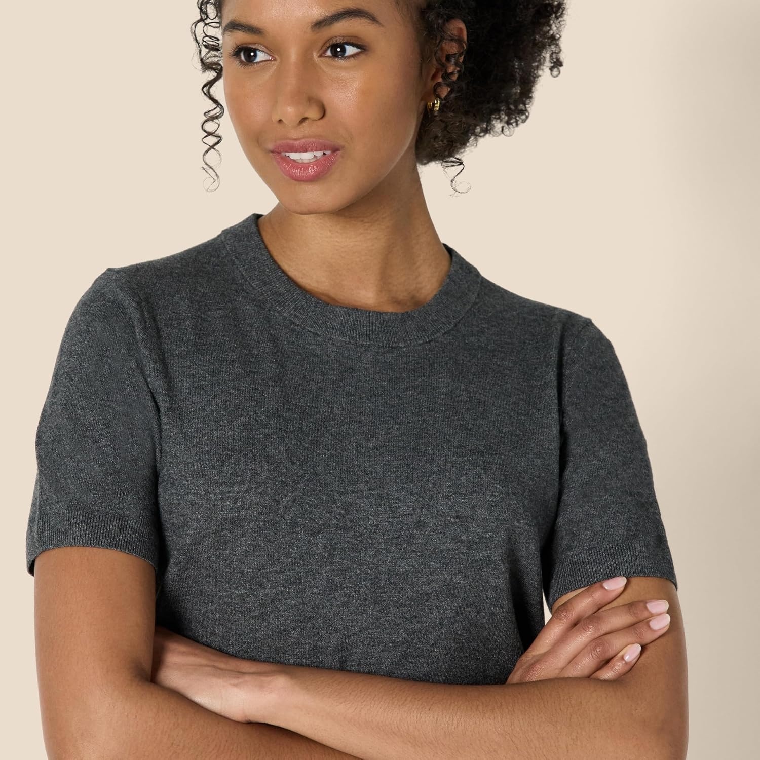 image:imageAmazon Essentials Womens RegularFit Cap Sleeve Mock Neck Sweater TopCharcoal Heather