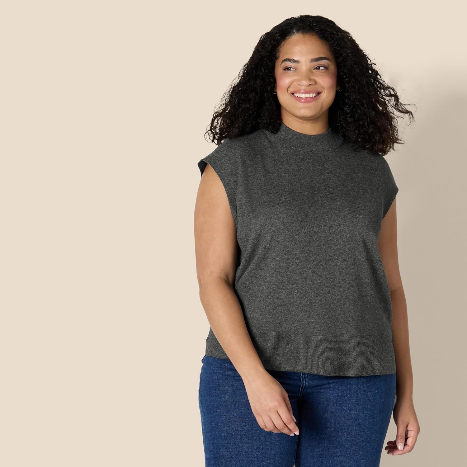 image:imageAmazon Essentials Womens RegularFit Cap Sleeve Mock Neck Sweater TopCharcoal Heather