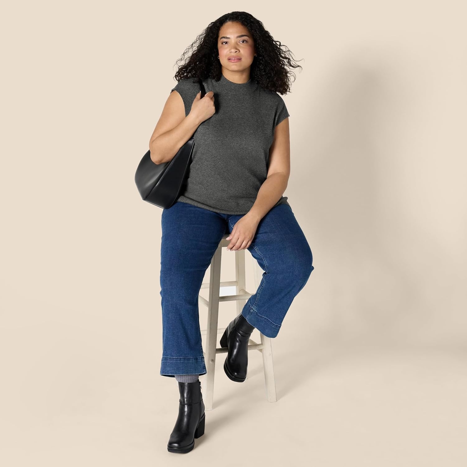 image:imageAmazon Essentials Womens RegularFit Cap Sleeve Mock Neck Sweater TopCharcoal Heather