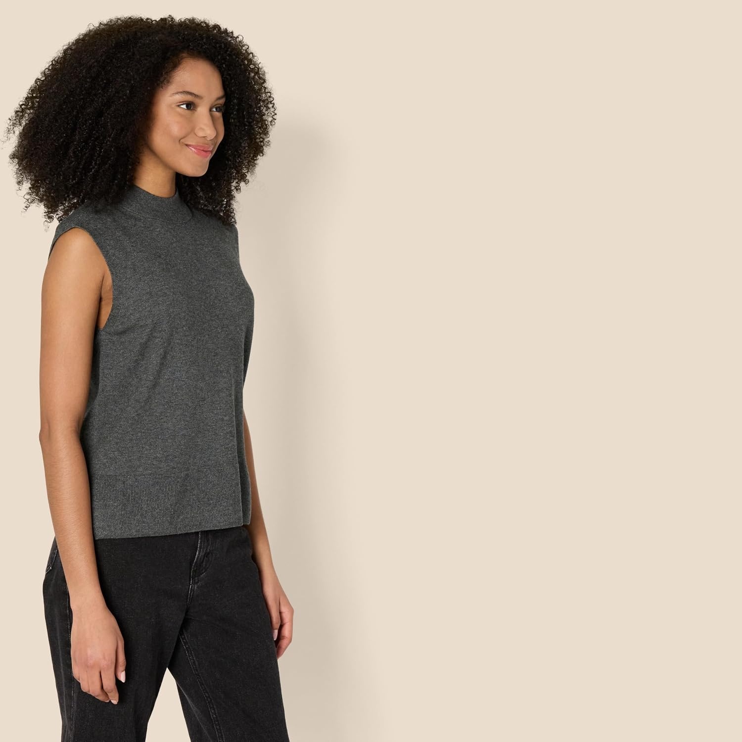 image:imageAmazon Essentials Womens RegularFit Cap Sleeve Mock Neck Sweater TopCharcoal Heather