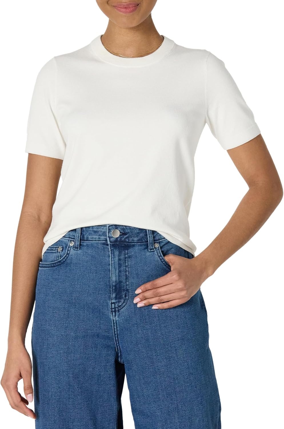 image:imageAmazon Essentials Womens RegularFit Cap Sleeve Mock Neck Sweater TopEggshell White