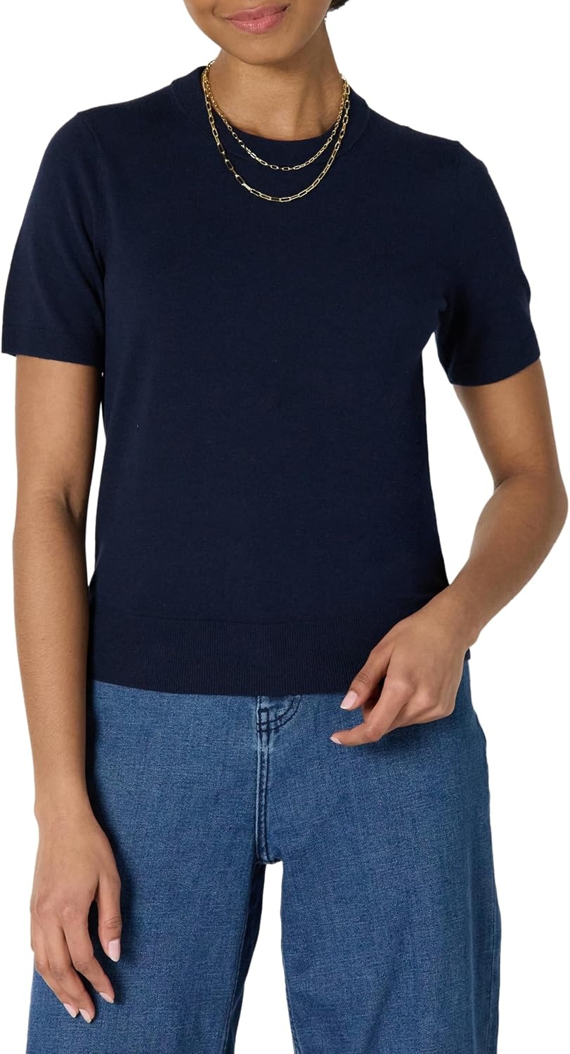 image:imageAmazon Essentials Womens RegularFit Cap Sleeve Mock Neck Sweater TopNavy