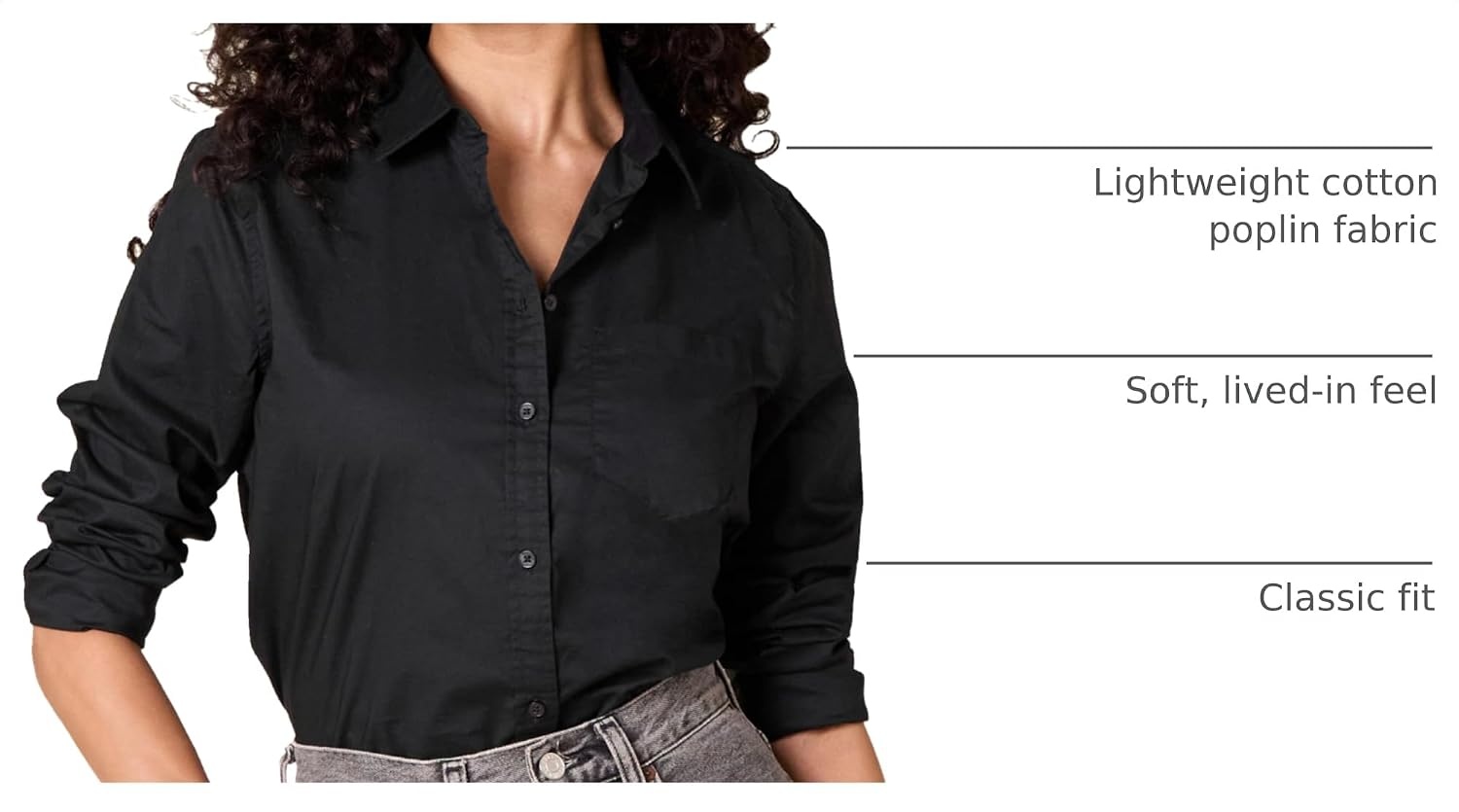 image:imageAmazon Essentials Womens RegularFit LongSleeve ButtonDown Cotton Poplin Shirt Business CasualBlack