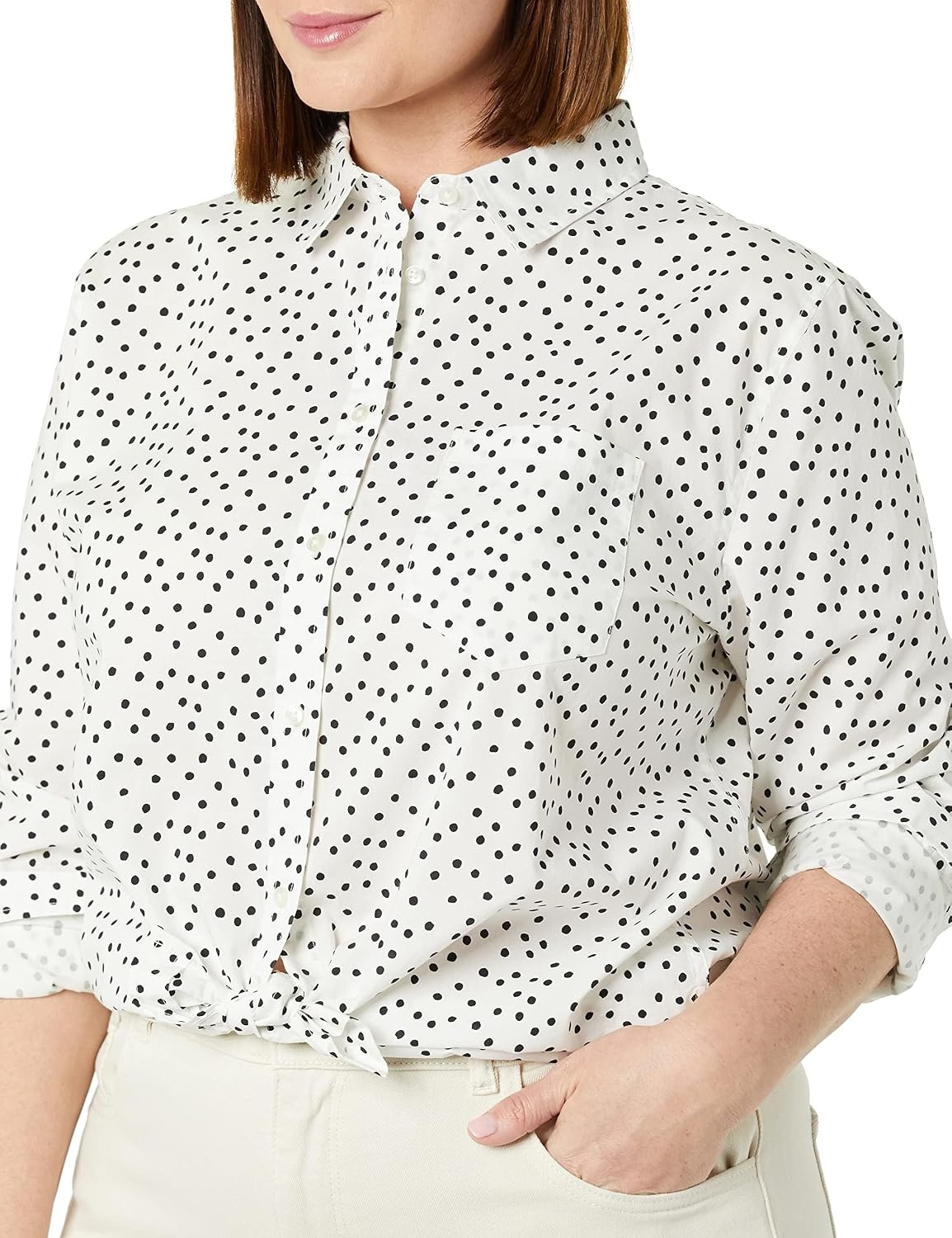 image:imageAmazon Essentials Womens RegularFit LongSleeve ButtonDown Cotton Poplin Shirt Business CasualBlack White Dots